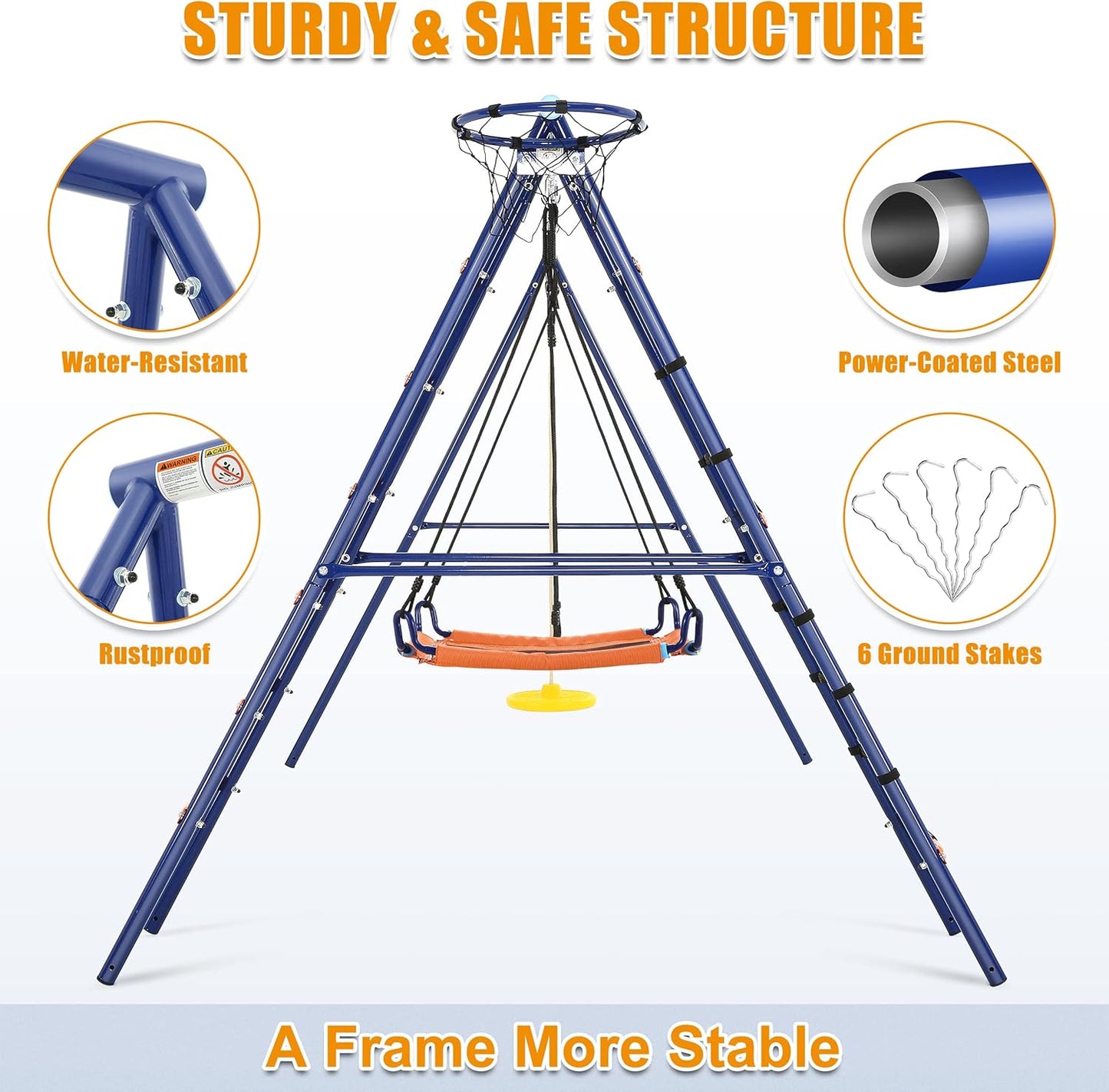 Swing Set for Backyard - 6 in 1 Multifunction Kids Swing Set Heavy Duty 550 lbs Outdoor Extra Large Metal Swing Frame with 3 Adjustable Swings Climbing Net Ladder Basketball Hoop