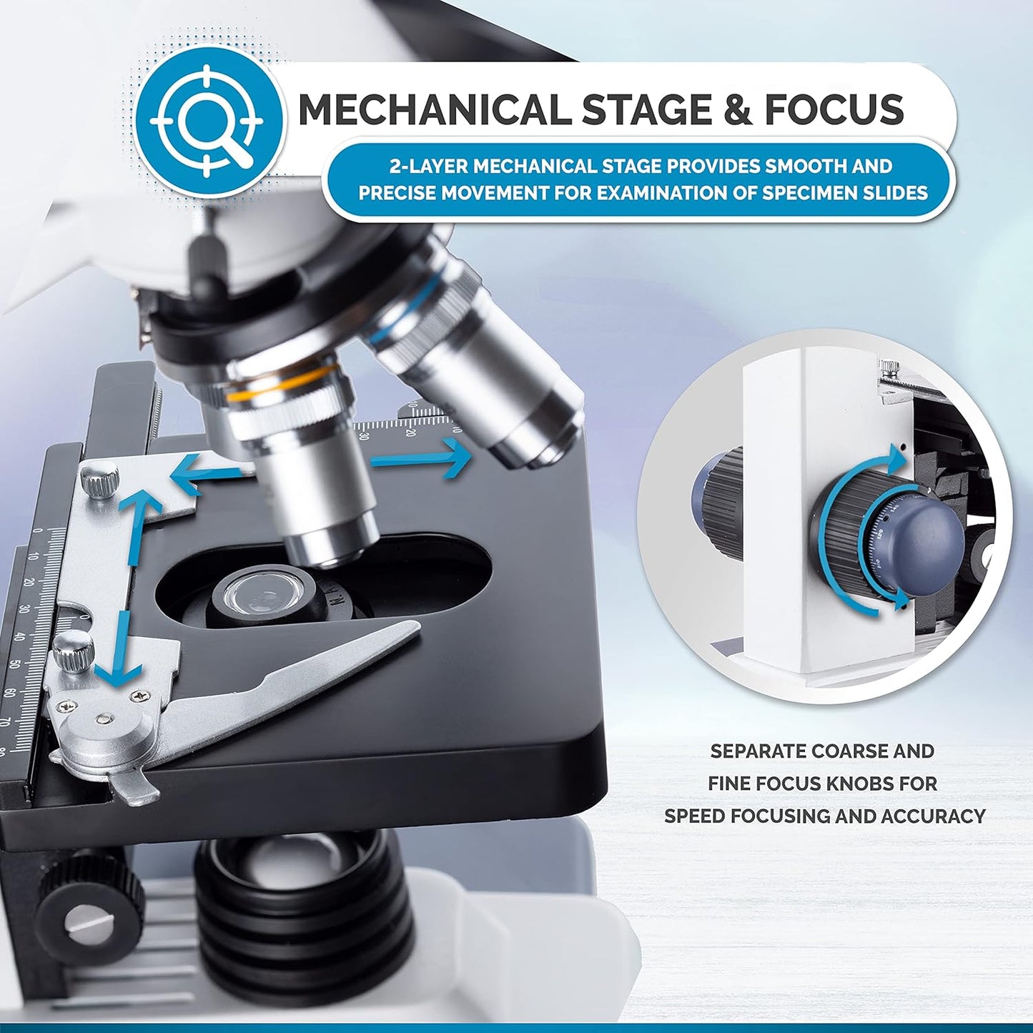 AmScope B120C-WM-BS Siedentopf Binocular Compound Microscope, 40X-2500X Magnification, Brightfield, LED Illumination, Abbe Condenser, Double-Layer Mechanical Stage, Includes Book, 50 Blank Slides, and 100 Coverslips