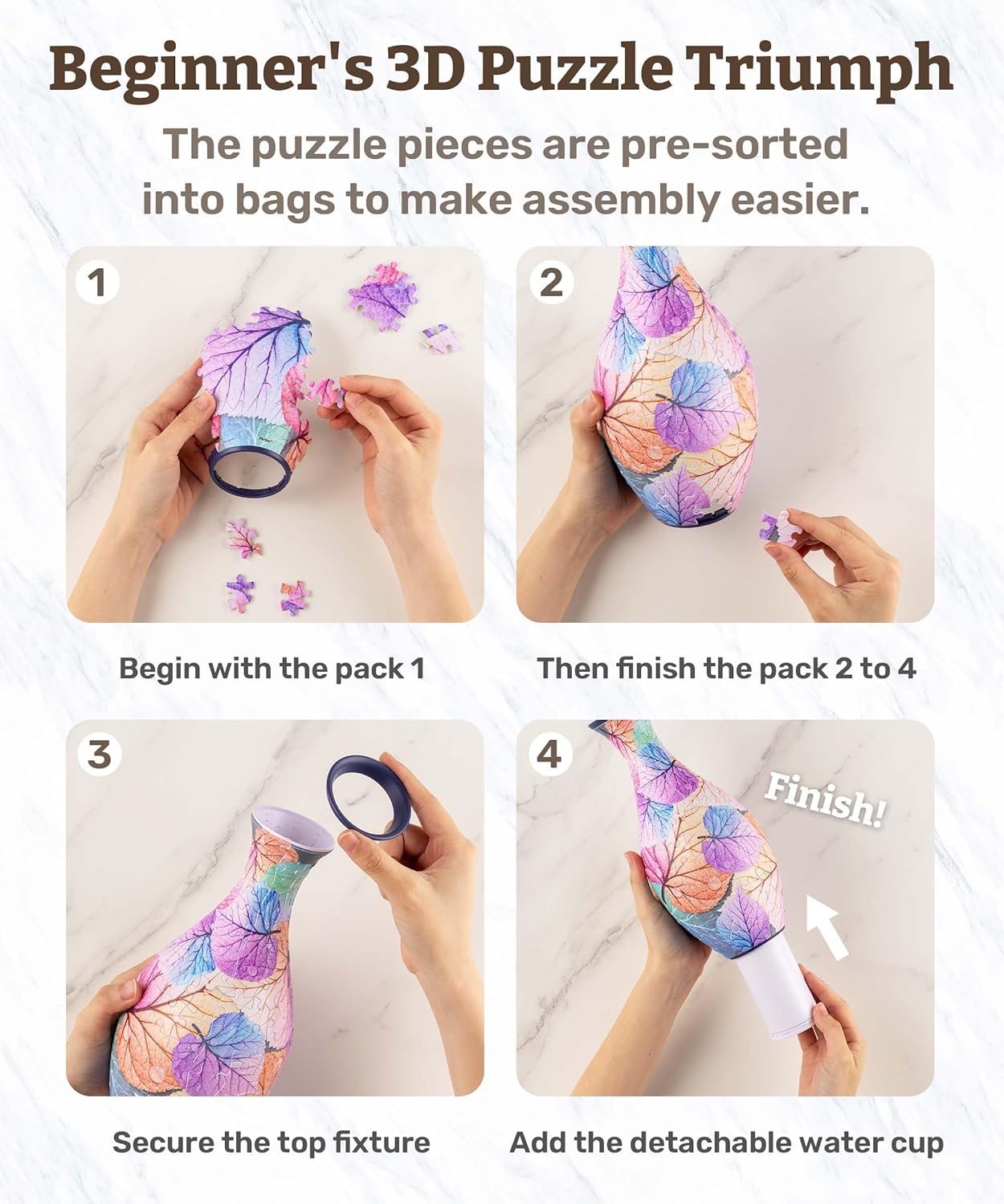Pintoo 3D Puzzle Vase Unique Flower Vase Made by 160 Curved Plastic Puzzle Pieces House Warming Gift for Flower Arrangements and Home Decoration - [S1024] (Translucent, Carp with Lotus)