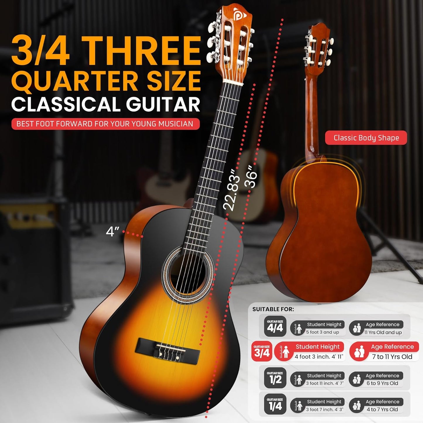 Pyle Beginner Acoustic Guitar Kit, 3/4 Junior Size All Wood Instrument for Kids, Adults, 36" Sunburst Teardrop Matte