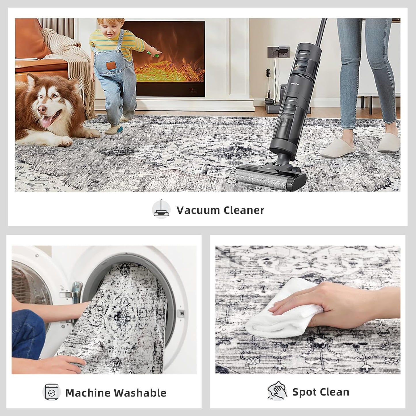 Grey Rug 6x9 Boho Vintage Rugs for Living Room, Washable Rugs Non Slip Large Area Rug for Dining Room Bedroom Office, Floor Decoration Big Rug Low-Pile Kid & Pet Friendly(Grey)