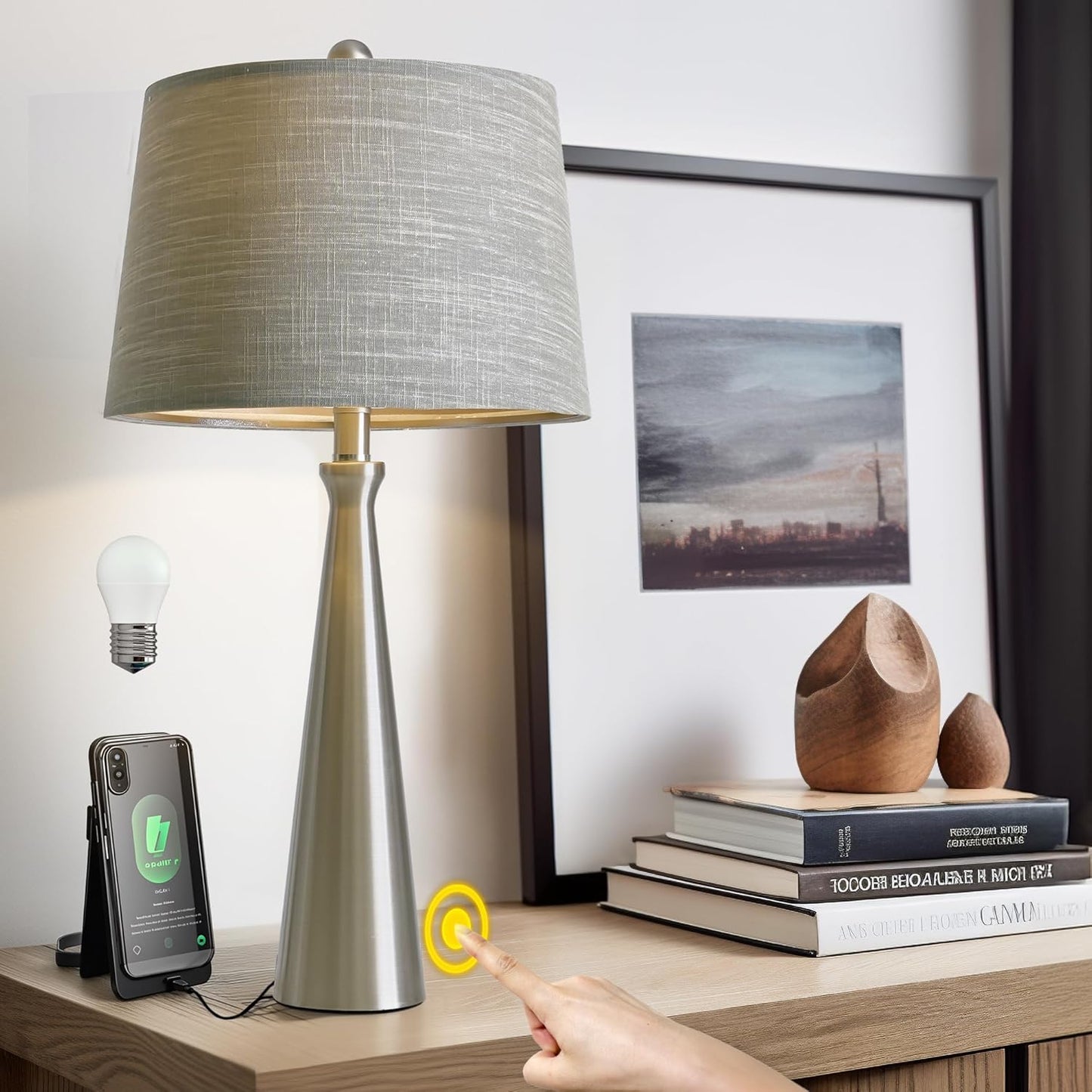Oneach 25.75" Table Lamps for Living Room Bedroom, Bedside Lamp 3-Way Dimmable Touch Control, Modern Silver Nightstand Light Fabric Shade Vintage Accent Style