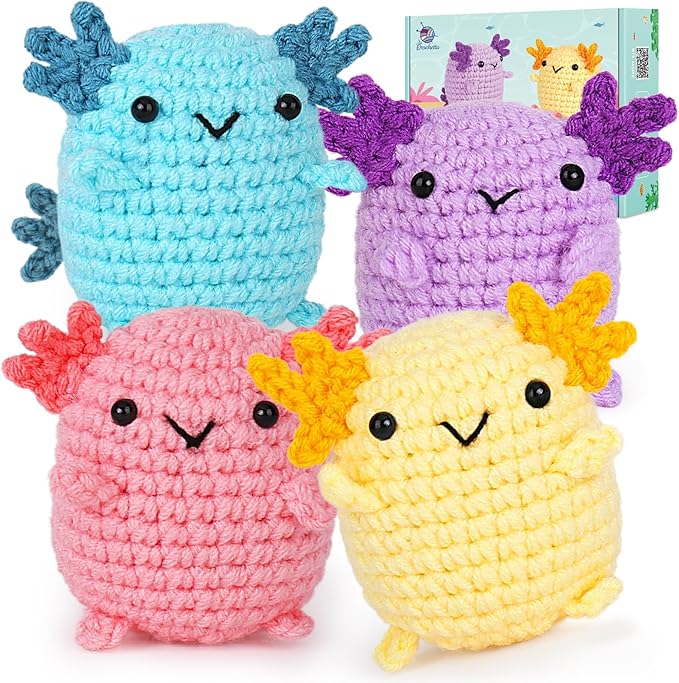 Crochetta Crochet Kit for Beginners, Crochet Starter Kit w Step-by-Step Video Tutorials, Beginner Crochet Kit for Adults Kids Women Men Complete Kit Included (4 Mini Axolotls)