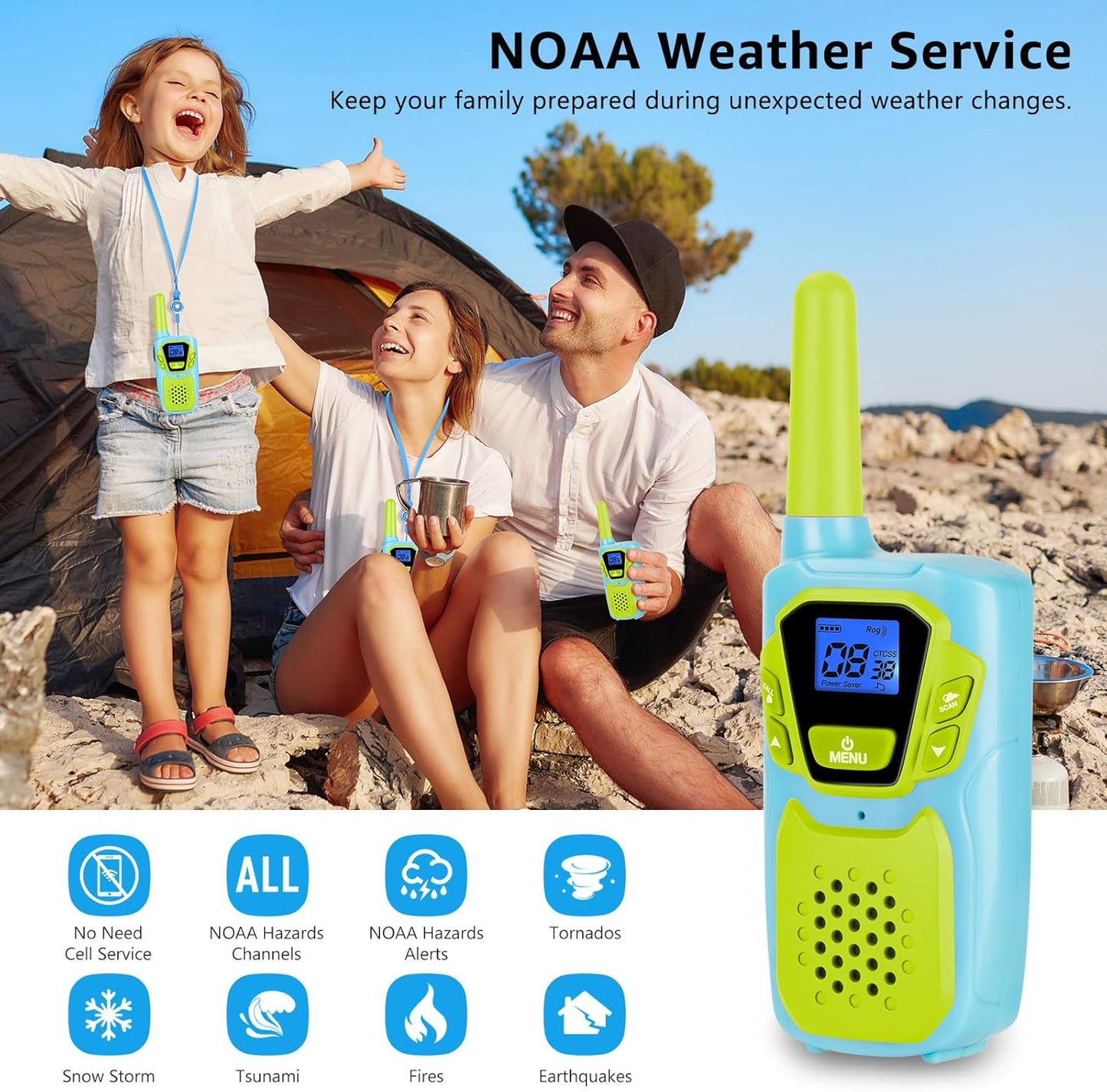 Walkie Talkies for Kids Adults Long Range Rechargeable 4 Pack Drop-resistant FRS 2 Way Radio 4 Miles with Lanyard Battery NOAA USB, Family Toy for 3-12 Year Old Boy Girl Toddler Camping Skiing