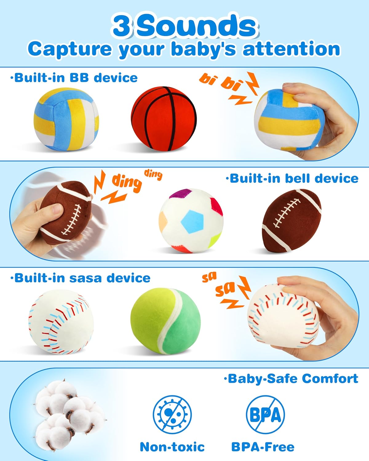 Vanmor Sensory Sports Balls for Babies 6-12M+, 6 Pack Machine Washable Plush Ball Set with Crinkle, Rattles, Squeaky Sounds, Toddler Learning Toys, Portable Travel Bag, Baby Shower Toy for Newborn