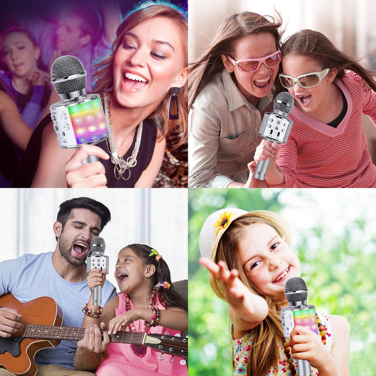 BlueFire 4 in 1 Karaoke Wireless Microphone with LED Lights, Portable Microphone for Kids, Great Gifts Toys for Kids, Girls, Boys and Adults (Silver)