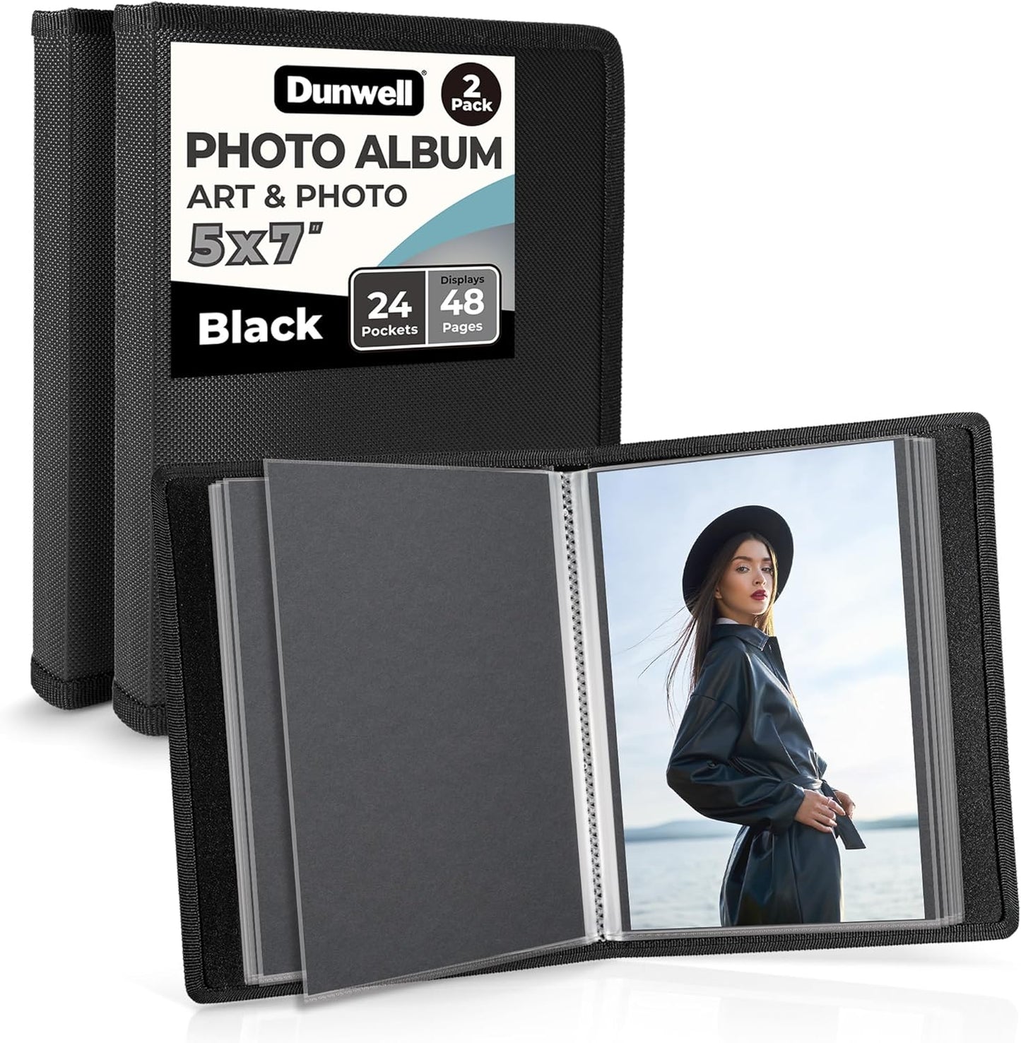 Dunwell Small Photo Album 5x7 (2-Pack, Black), Mounting Paper 5 x 7 Photo & Art Portfolio Presentation Binder, 24 Sleeves Displays 48 Pages, Professional Picture Book for 5x7 Artwork, Postcards