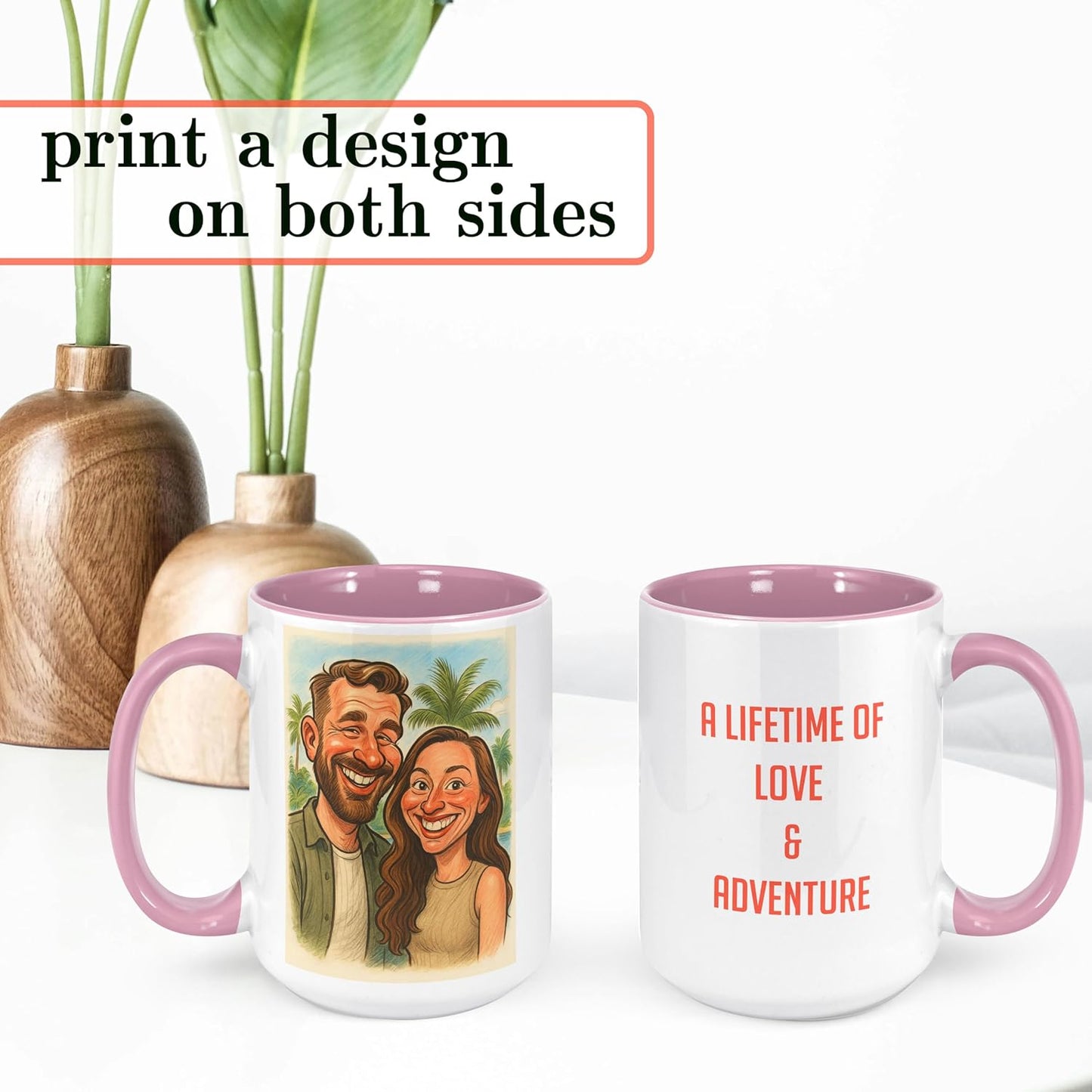 Personalized Coffee Mug, Custom Photo Caricature Gift, Funny Customized Coffee Gift for Men & Women, Custom Mugs with Pictures, Pink 15oz Customized Ceramic Tea Cup