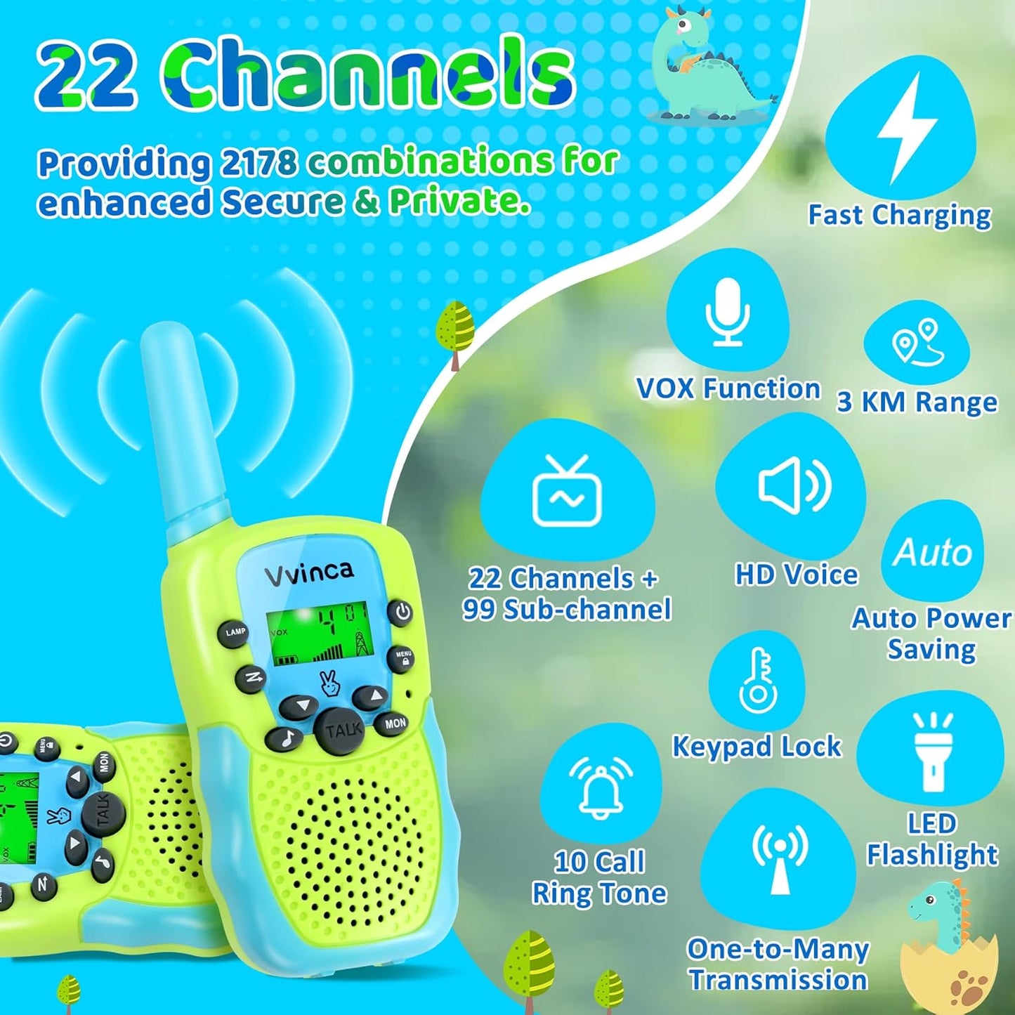 Vvinca Walkie Talkies for Kids Rechargeable Toys for Ages 5-7, Long Range 22 Channels 2 Way Kids Walkie Talkie with Flashlight for Camping Hiking Indoor Outdoor 3 4 5 6-12 Boy Girl Christmas Birthday