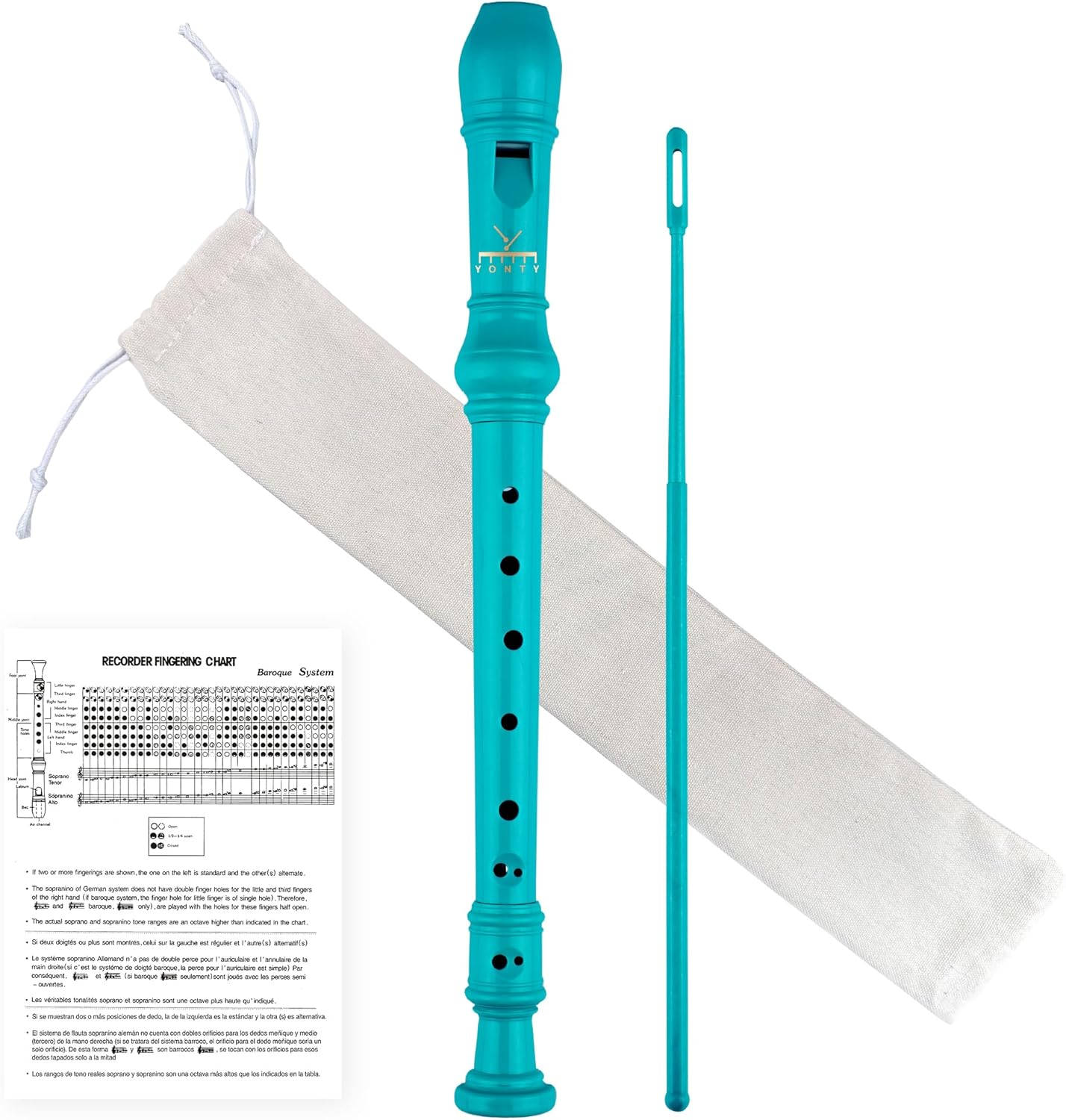 Soprano Recorder 8-Hole Instrument for Beginners Kids Students, Baroque Style C Key Flute with Cleaning Rod & acking Bag for Education & Entertainment - Cyan