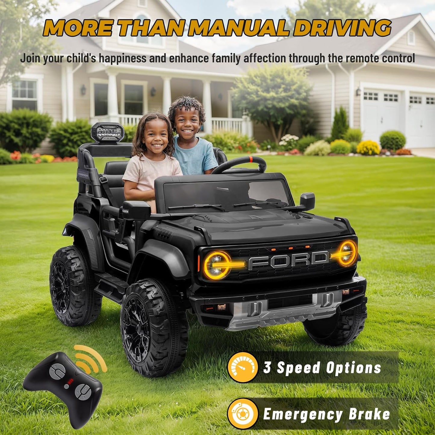 ENYOPRO 24V Licensed Ford Bronco Raptor Electric Car for Kids, 2 Seater Battery Operated Ride On Truck Toys with Remote Control, 4-Wheel Suspension, Bluetooth, Radio, LED Lights, 3 Speed - Black