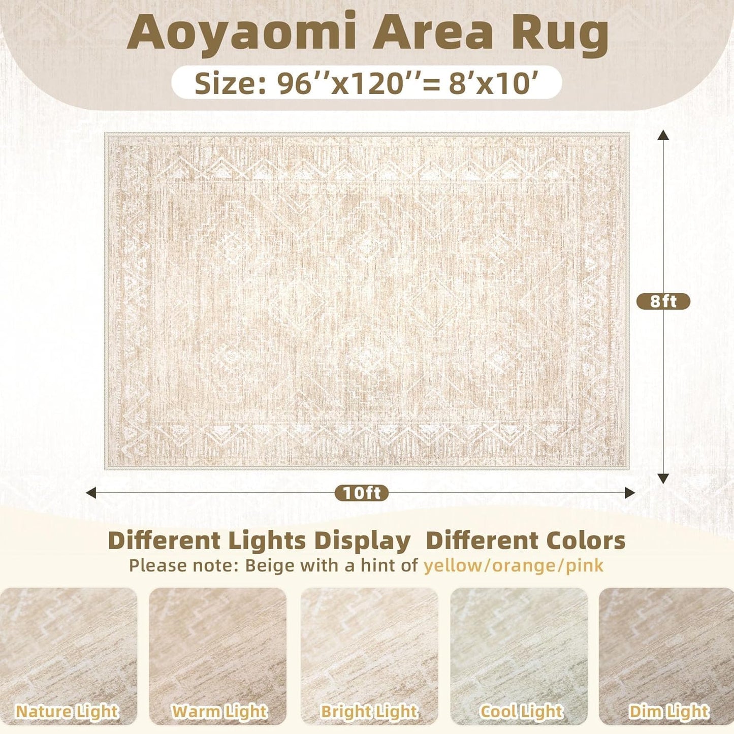 Large Living Room Area Rug 8x10 - Machine Washable Vintage Boho Moroccan Rugs Geometric Neutral Rug Non-Shedding Low Pile Distressed Farmhouse Carpet for Bedroom Nursery Classroom Dorm (8 x 10, Beige)