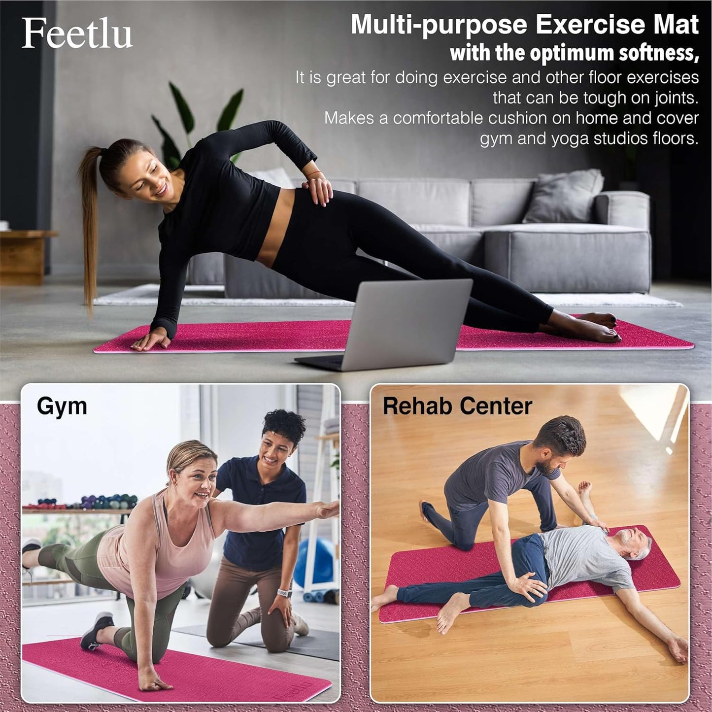 Extra Thick Exercise Yoga Mat with Strap - 2/5 Inch (10MM), Non-Slip Workout Mat for Yoga, Pilates, and Floor Exercises