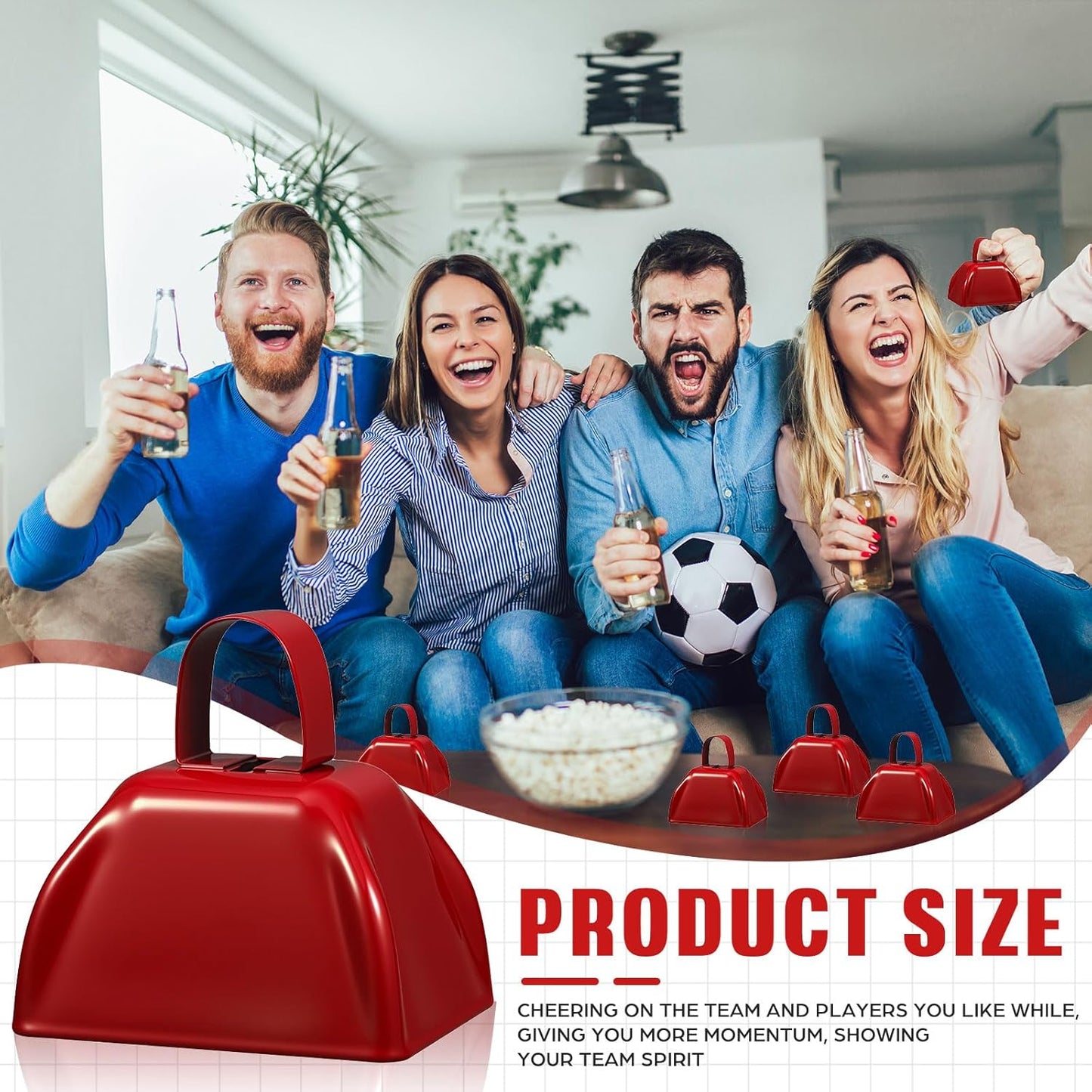 6 Pcs 3 Inch Metal Cowbells Noise Maker Hand Percussion Cow Bells with Handles for Sporting Events Cheering Noisemakers Weddings Team Spirit Sports Party Favors (Red)