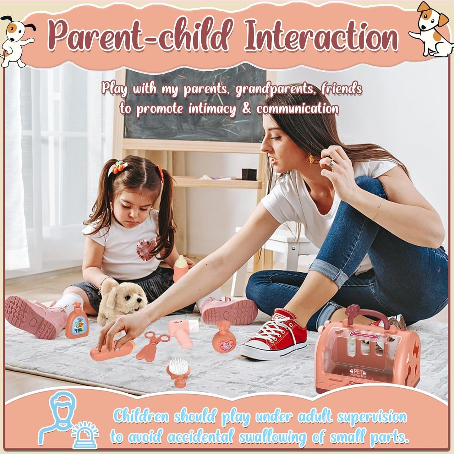 TEUVO Pet Care Play Set Robot Dog Toys for Kids 12Pcs Puppy Dog Toy Pet Walk Grooming Vet Toys Set with Interactive Electric Dog Plush & Cage Pretend Play Gifts for Girls Toddlers 3 4 5 6 7 8 Year Old