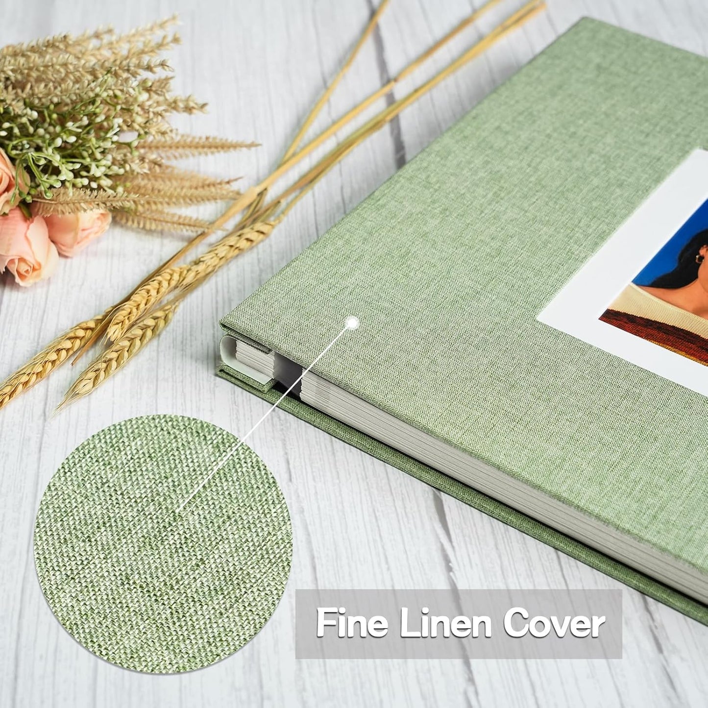 Vienrose Photo Album Self Adhesive for 2x3 4x6 5x7 8x10 Pictures DIY Scrapbook 40 Blank Pages Linen Cover Memory Book for Wedding, Baby Growth, Travel, Grassgreen