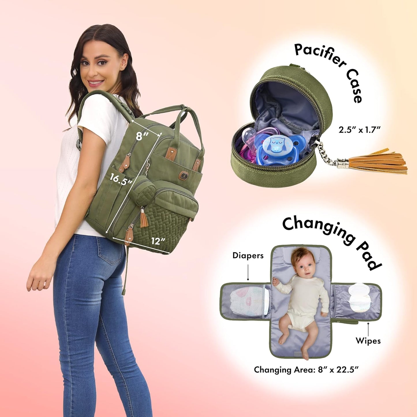 Dikaslon Diaper Bag Backpack with Portable Changing Pad, Pacifier Case and Stroller Straps, Large Unisex Baby Bags for Boys Girls, Multipurpose Travel Back Pack Moms Dads, Green