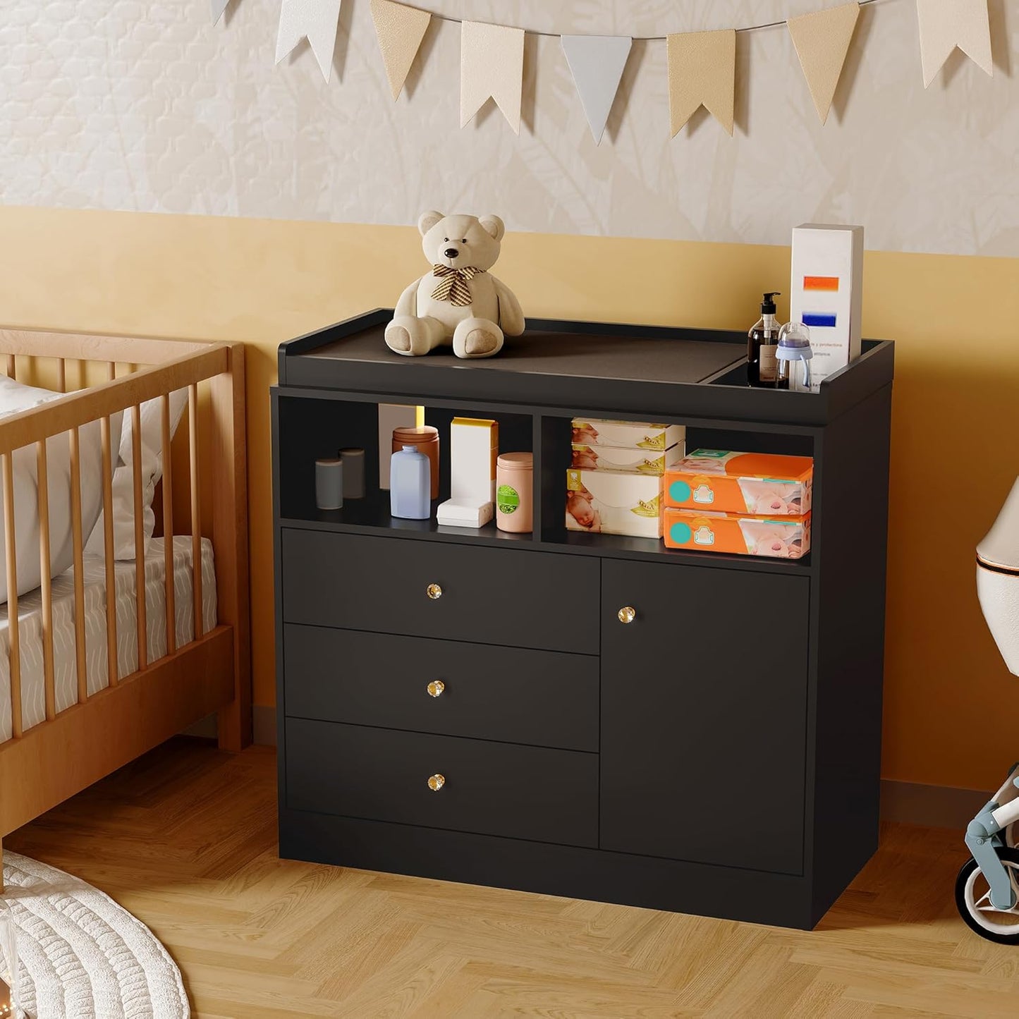 Nursery Dresser with Changing Table Top - Tall Wooden Diaper Changing Station with 2 Open Shelves, 3 Drawers, and 1 Cabinet, Ideal for Children's Room, Black