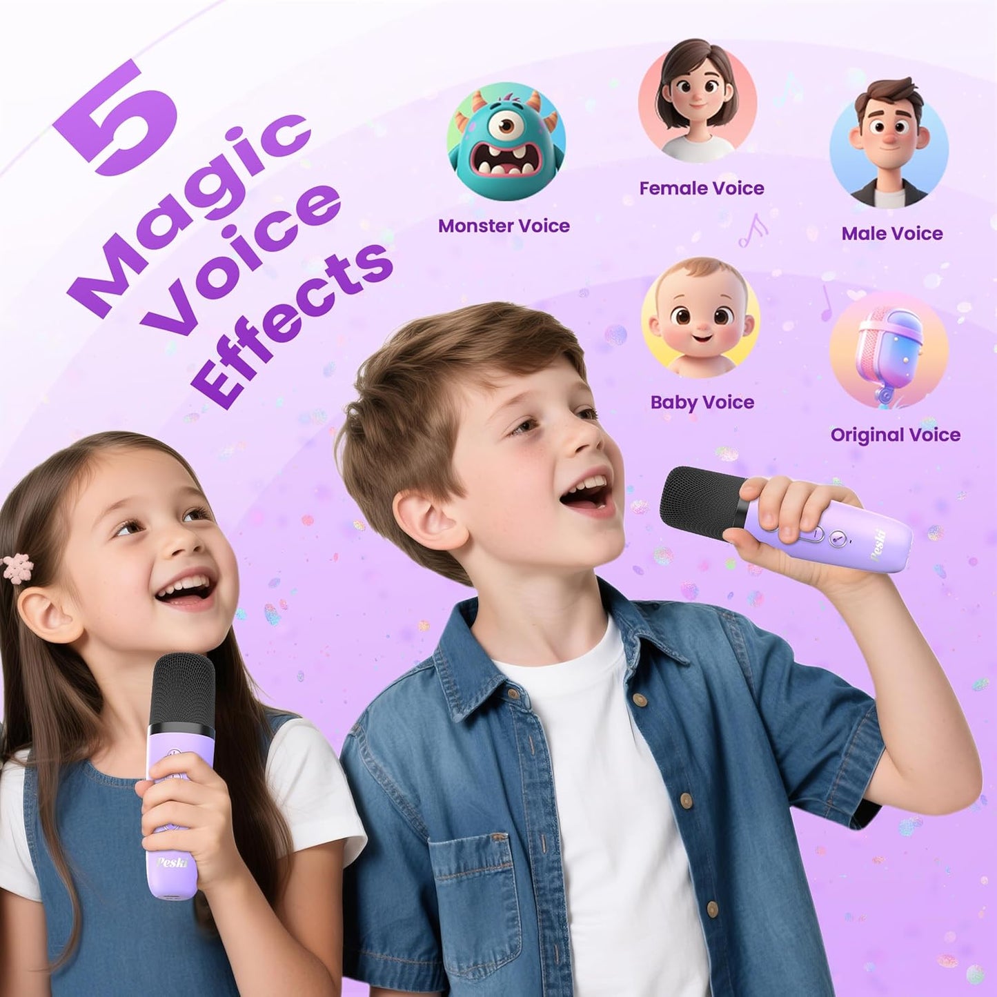 Peski Karaoke Machine for Kids Adults, Portable Bluetooth Mini Karaoke Microphone Singing Speaker with 2 Wireless Mic and Light,Toys for All Smartphones,Birthday, Family,Home Party (Purple)