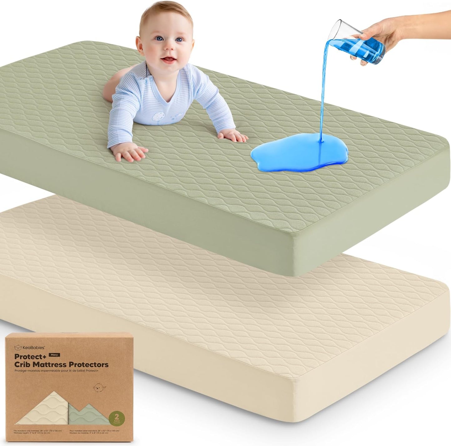 Waterproof Crib Mattress Protector Cover Fitted - 2-Pack Quiet Baby Crib Mattress Pad Sheets, 52" x 28" Soft Quilted Cotton Baby Sheet, Machine Washable, Easy Fit, Durable (Avocado/Mavy)