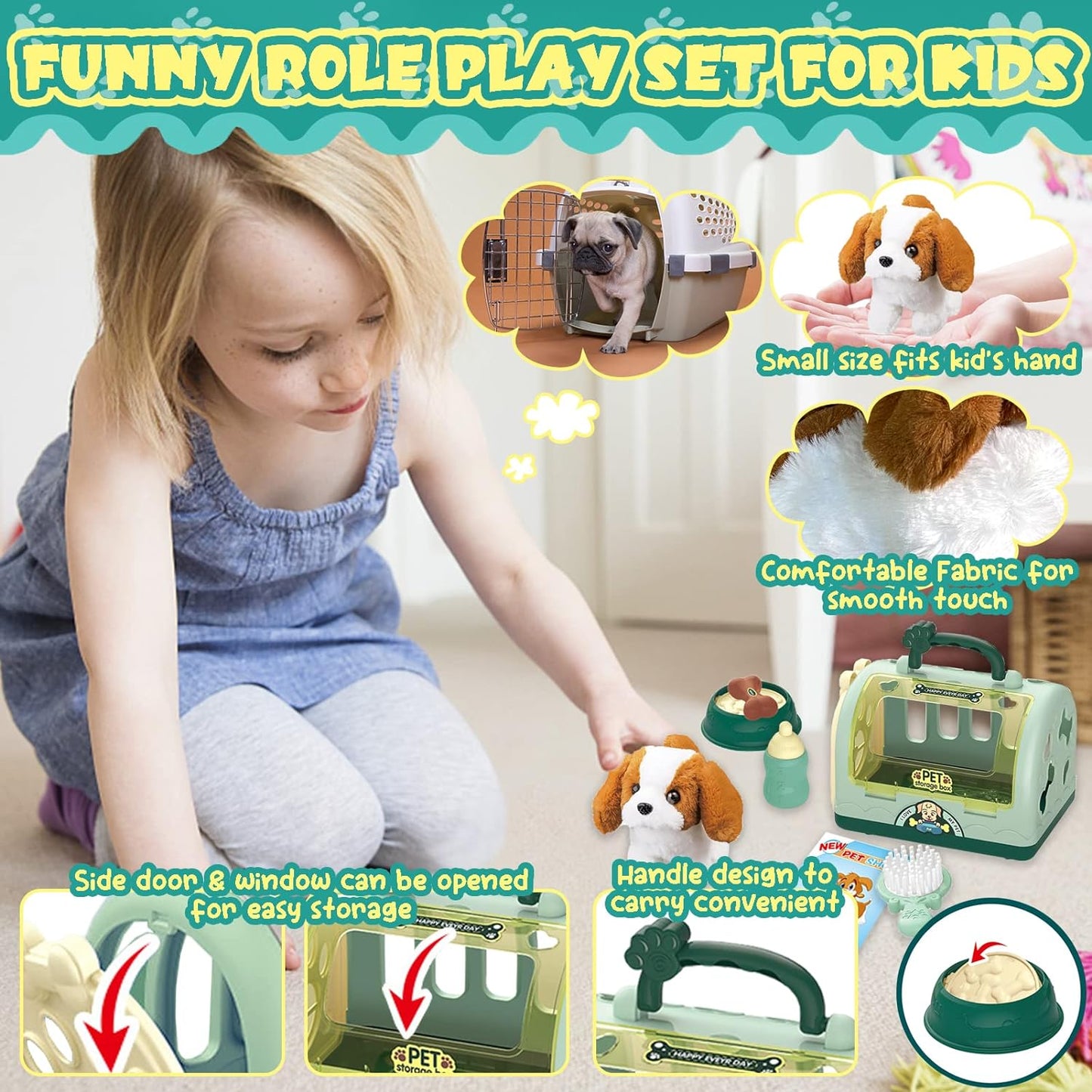 TEUVO Pet Care Play Set Robot Dog Toys for Kids, 12Pcs Kids Pretend Play Feeding Walk Bark Puppy Pet Toys with Interactive Electric Dog Plush & Cage, Xmas Gifts for Girls Toddlers 3 4 5 6 7 Years Old