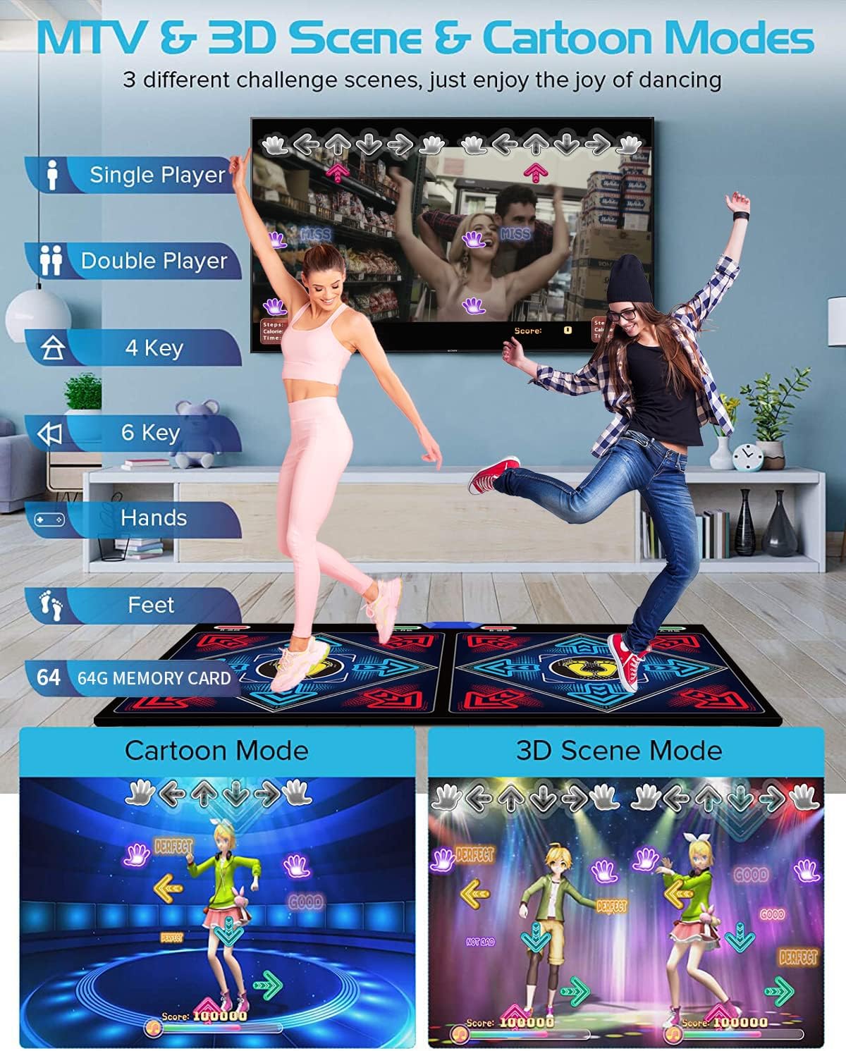 Music Dance Mat for Kids & Adults,Ideal for Fitness Dance Games,64GB Memory Card,899 Games,75 Music Videos,650 Songs.for TV use,Made of Premium Flannel,a Luxurious Gift for Children