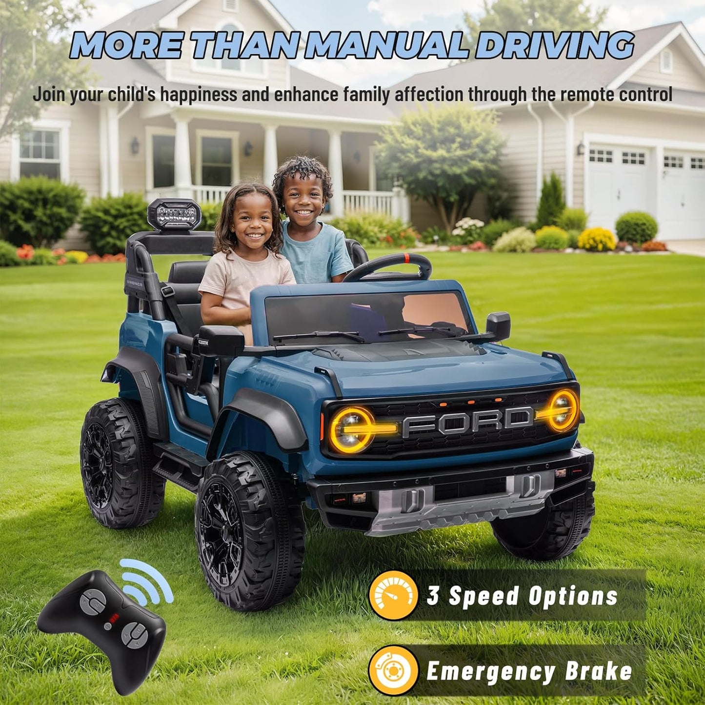 ENYOPRO 2 Seater Ride On Car for Kids, 24v Licensed Ford Bronco Raptor Electric Power Ride On Truck Toy with Remote Control, 4 Wheels Shock Absorption, Soft Start, Bluetooth, Radio, 3 Speed - Blue