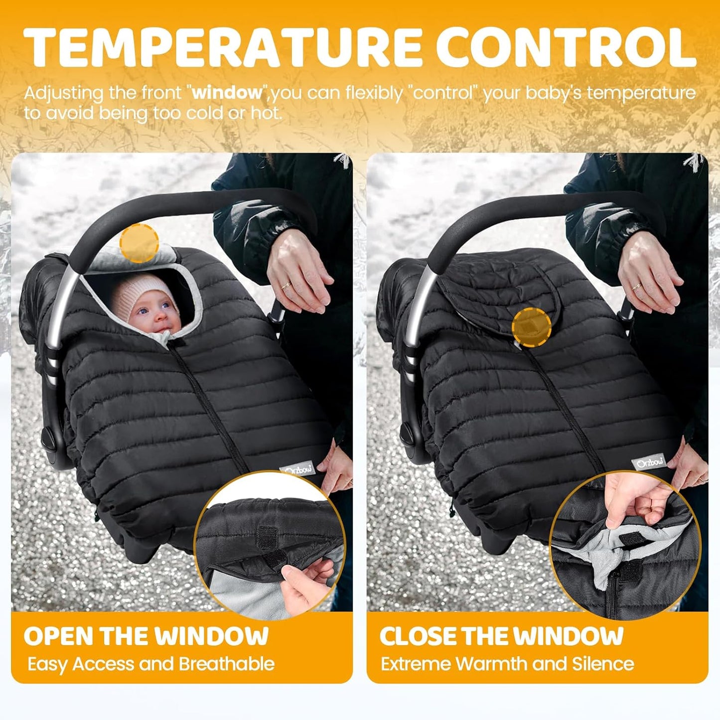 Orzbow Winter Carseat Cover for Baby, Baby Car Seat Cover for Boys & Girls, Warm Infant Car Seat Covers for Cold Weather, Rain & Snow Repellent, Waterproof, Universal Fit, Newborn Essentials, Black