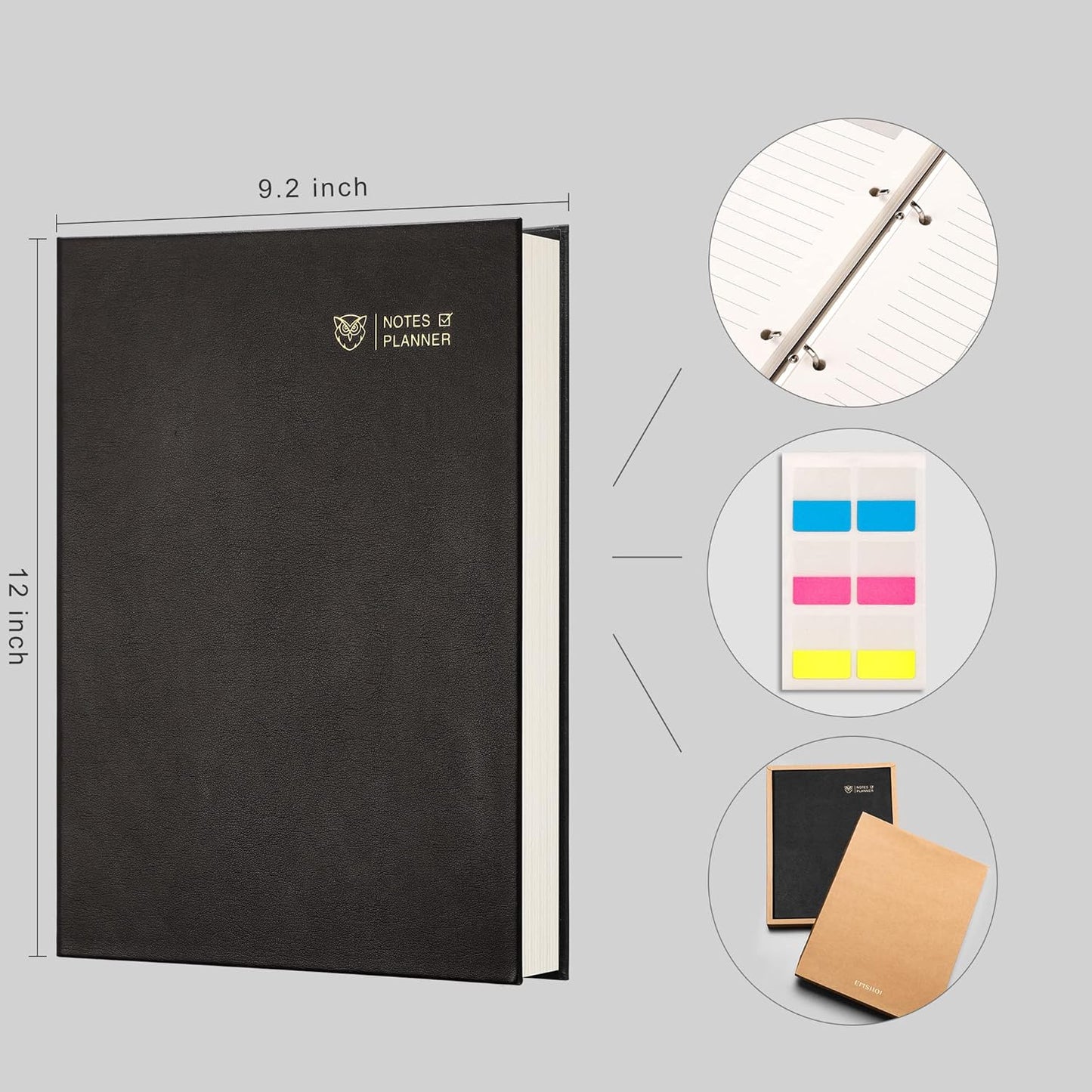 EMSHOI Undated Daily Planner 8.5" X 11", A4 To Do List Notepad, 240 Refill Pages Ring Binder Planner, Hardcover Leather Appointment Book for Work, with Yearly Schedule, Habit Tracker, Black