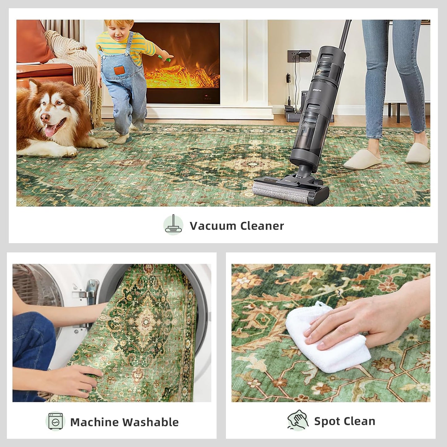 Deerly Green Rug 8x10 Area Rug for Living Room Bedroom Washable Rugs Large Boho 8x10 Rug for Dining Room Carpet Non-Slip Distressed Carpet Rugs Print Floor Rug(Border Green)