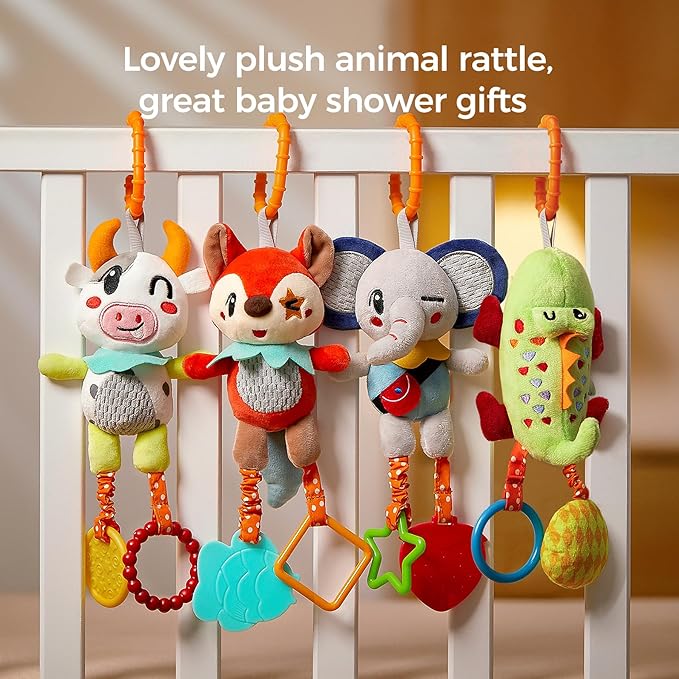 TUMAMA 4 Pack Baby Toys for 0 3 6 9 12 Months, Hanging Crib Toys for Newborn Infant Development, Car Seat Stroller Soft Plush Rattles Toy for Babies