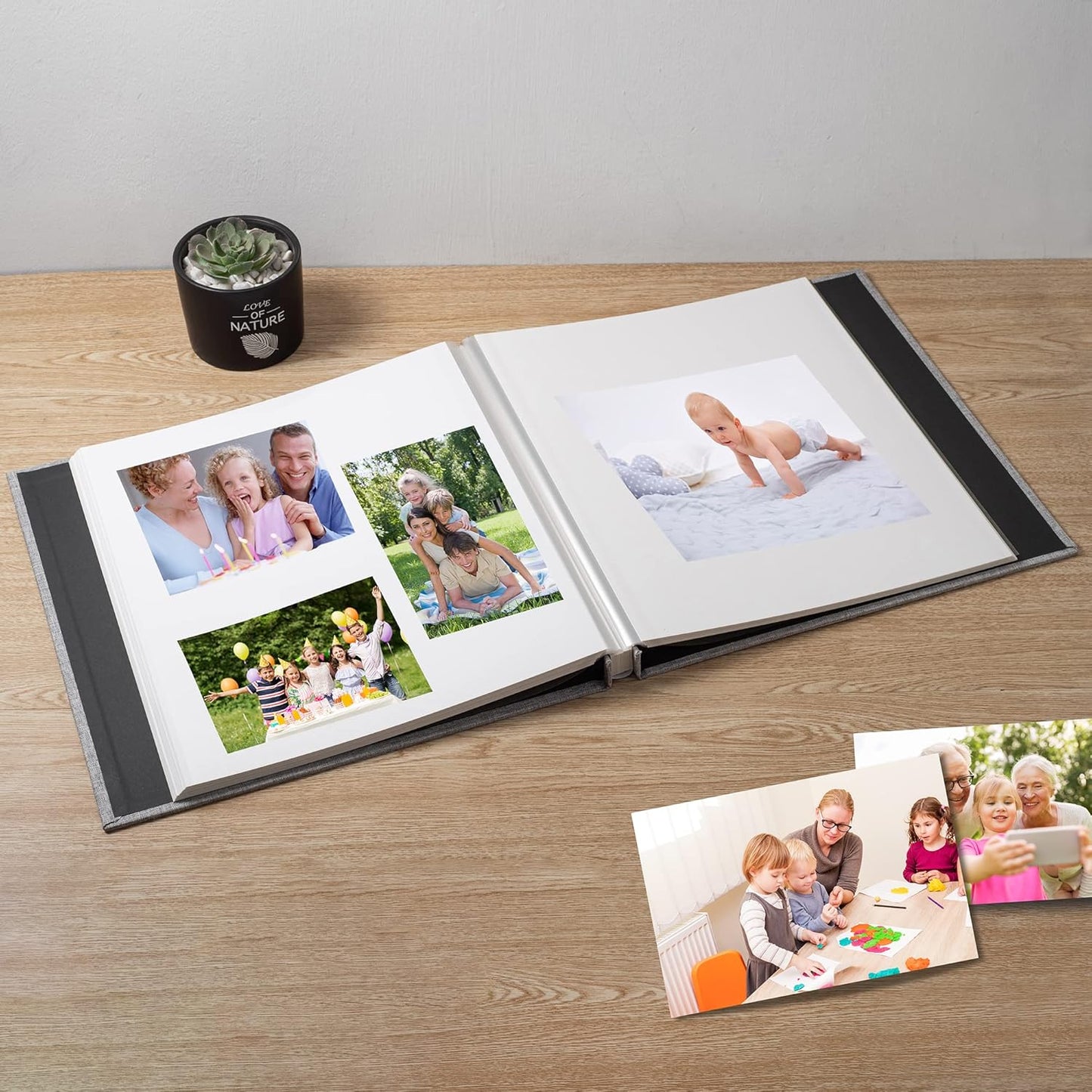 Large Photo Album Self Adhesive Scrapbook Album for 4×6 8×10 Pictures DIY Magnetic Linen Cover Album 60 Pages for Family Wedding Gifts with Metal Pen and Plastic Board