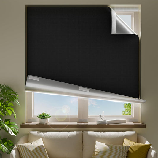 22" W x 36" L 100% Portable Blackout Curtains, Total Darkness No-Drill Black Out Window Cover,Temporary Blackout Shades with Hook & Loop Tape, for Bedroom, Nursery, Dorm, Travel (Black)
