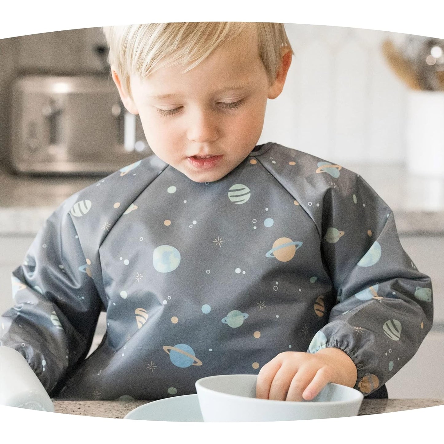 Tiny Twinkle Mess Proof Baby Bib,Waterproof Smock Baby Bib for Eating,Machine Washable Long Sleeve Bib,Baby Led Weaning,Toddler Bib,BLW Supplies(Space, Large 2-4 Years)