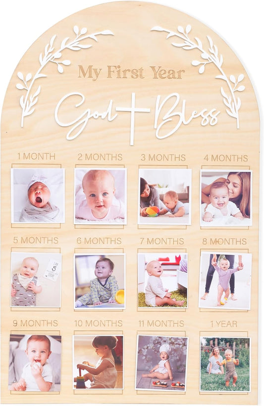 God Bless My First Year Photo Board - 1st Holy Communion Monthly Photos Display,God Bless 1 To 12 Months Photo Wooden Board,Baby Baptism Party Milestone Photos,Wooden Cross Photo Board (God Bless)