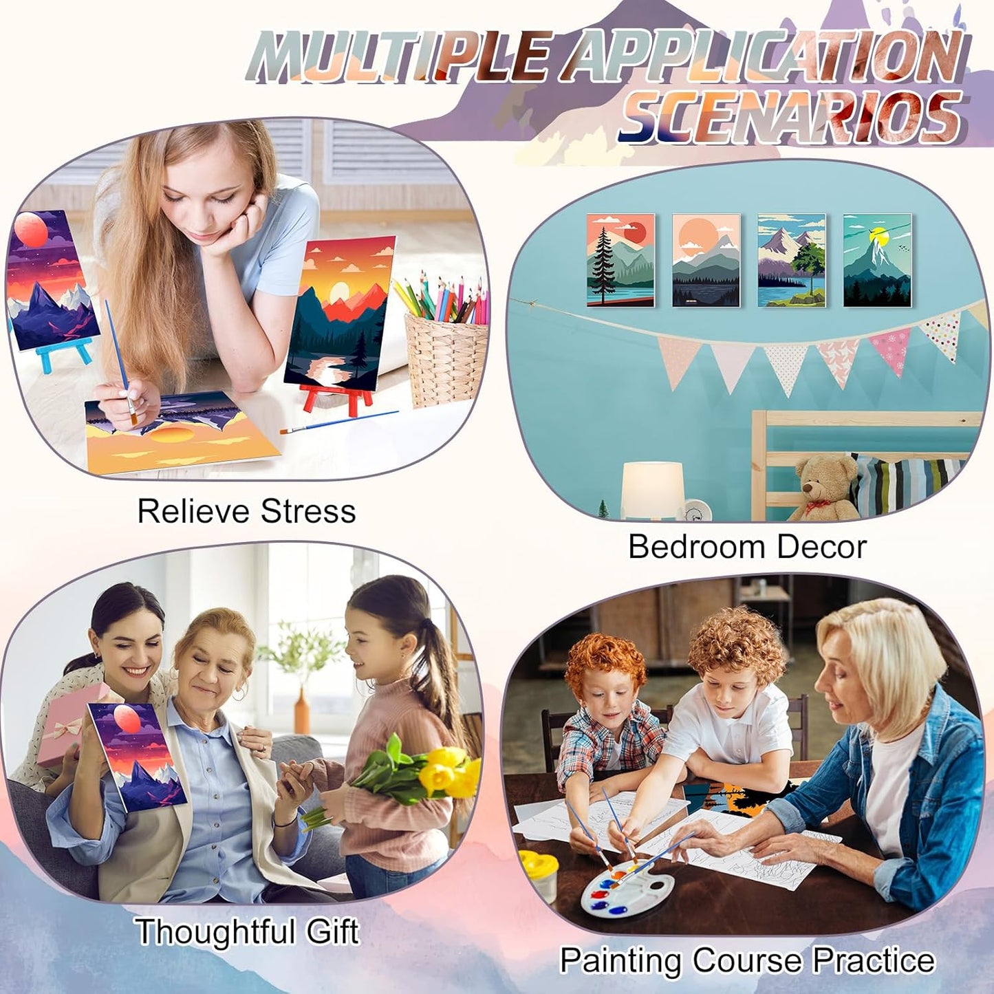 Blosssound 10 Set Pre Printed Canvas Pre Drawn Canvas Painting with Easel Kits 5" x 7" Outline Painting Panels for Beginners, DIY Craft Project, Party Favor, Home Decors(Sunset)