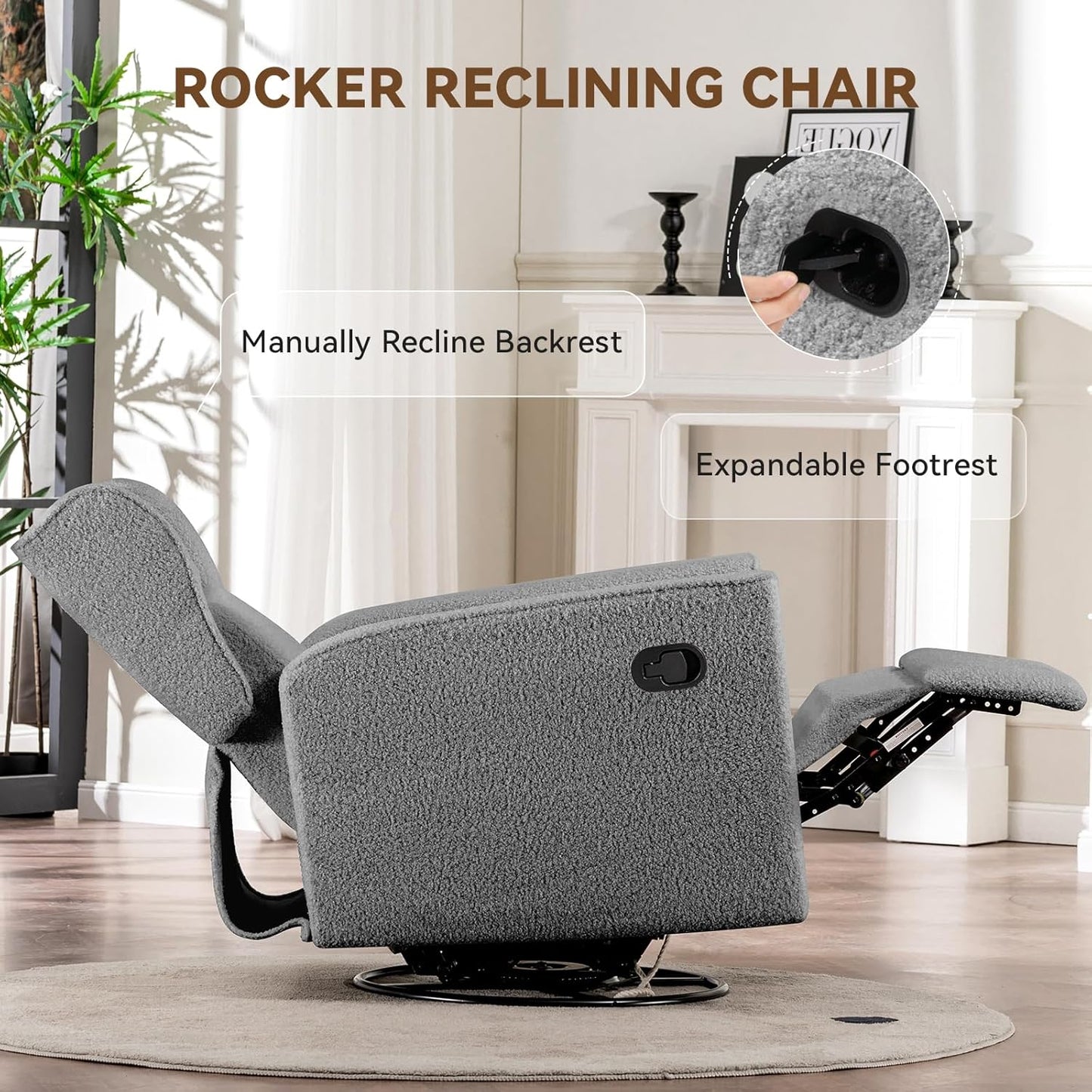 COMHOMA Nursery Rocking Chair Teddy Upholstered Swivel Rocker Recliner Manual Glider Reclining Chair for Living Room Bedroom Offices (Grey, 1 PCS)