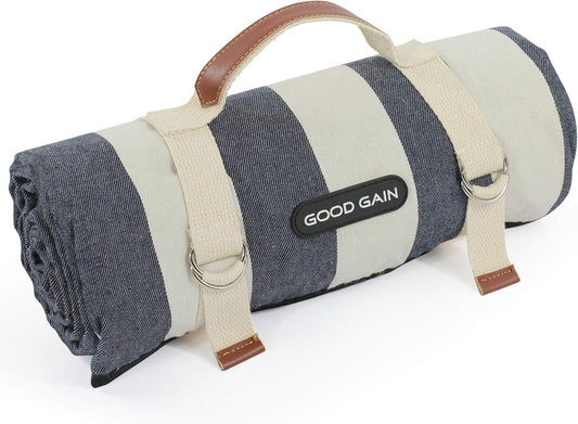 G GOOD GAIN Waterproof Picnic Blanket Portable with Carry Strap for Beach Mat or Family Outdoor Camping Party, Park Blanket for Grass Park, Hiking, Travel, Concerts (Denim Blue)