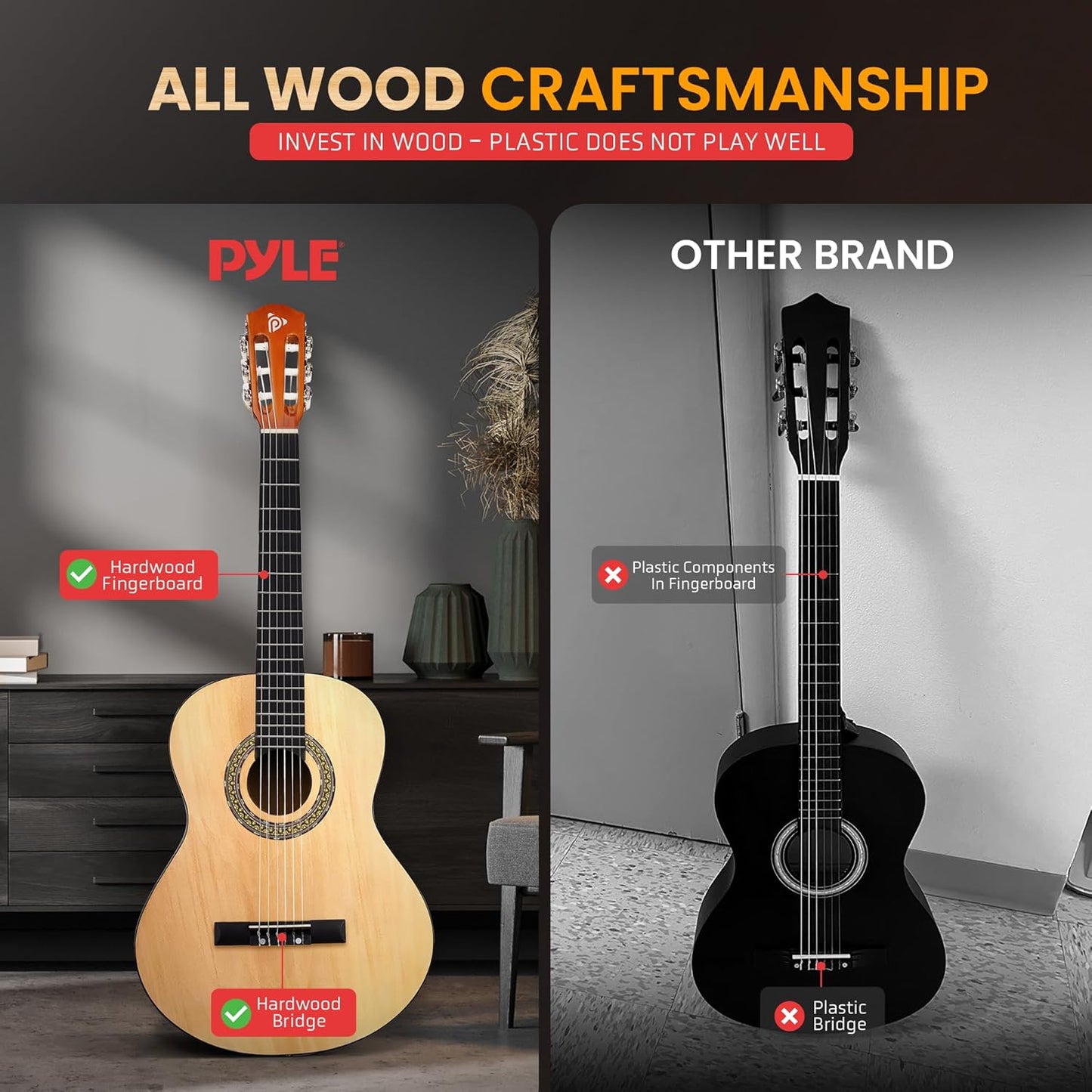 Pyle Beginner Acoustic Guitar Kit, 1/4 Junior Size All Wood Instrument for Kids, Adults, 30" Natural Ash