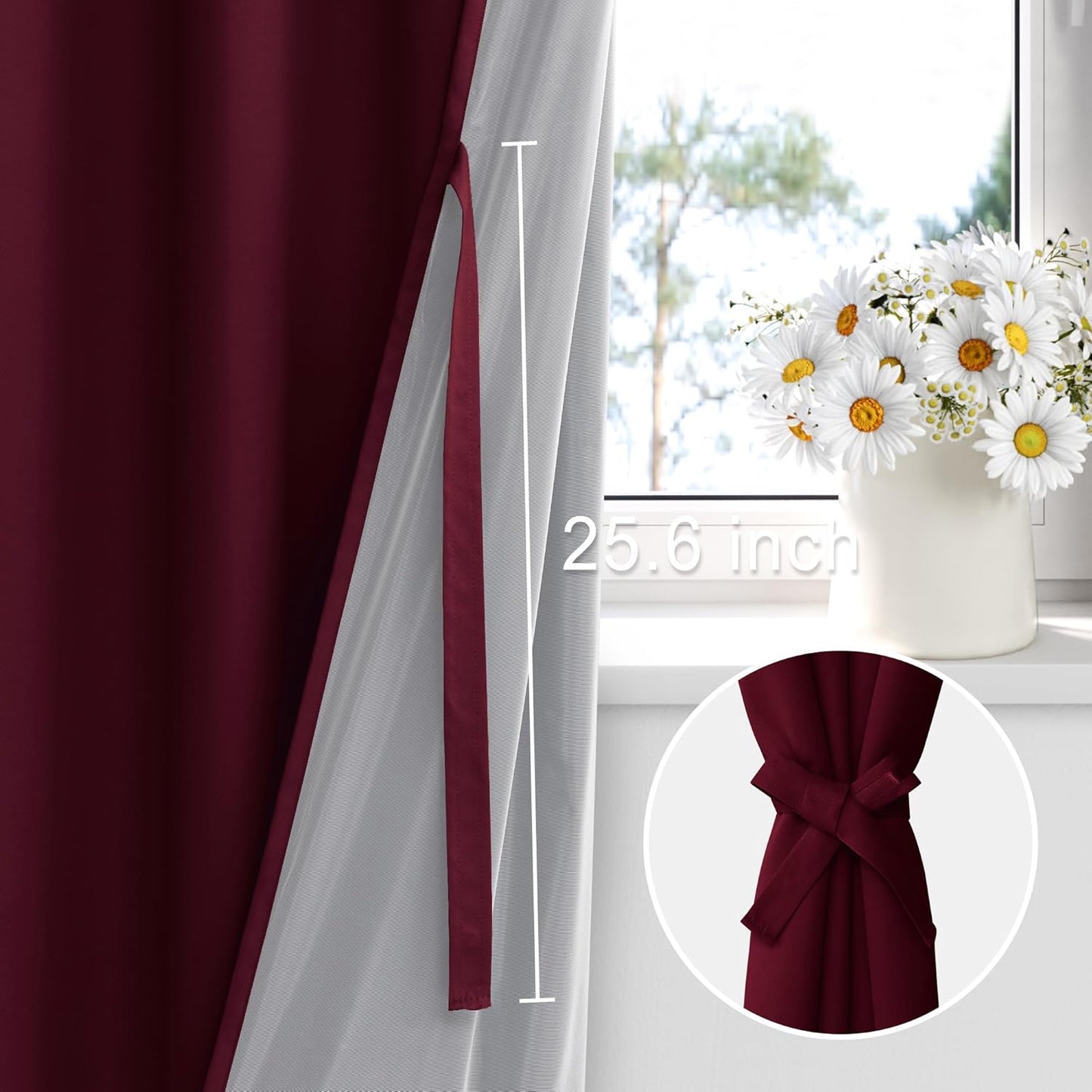 XWZO 100% Blackout Curtains with Tiebacks- 2 Thick Layers Completely Shaded Window Treatment Thermal Insulated Lined Drapes for Bedroom/Patio Door, Rod Pocket, Burgundy, W52 x L84, Set of 2 Panels