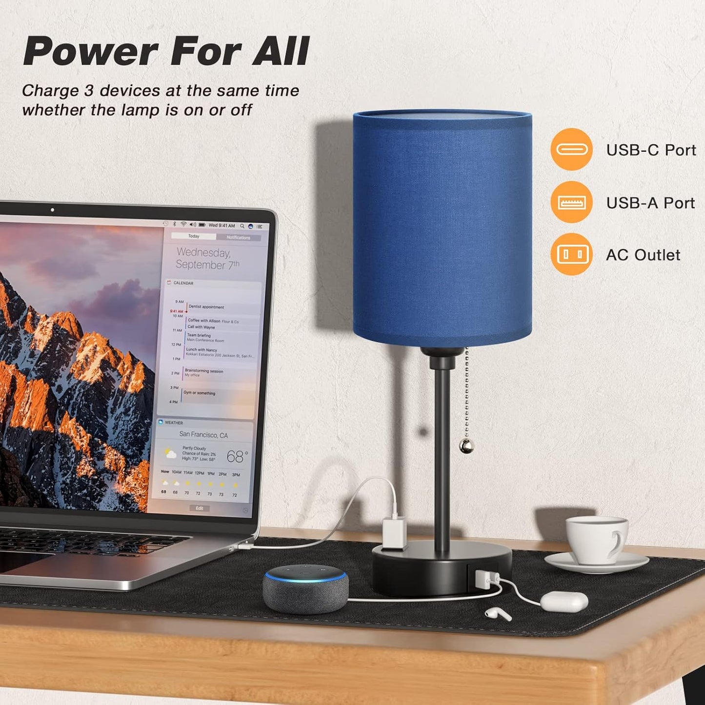Blue Table Lamps 3 Color Temperatures - 2700K 3500K 5000K Bedside Lamps with USB C and A Ports, Pull Chain Lamps for Bedrooms with AC Outlet, Nightstand Lamps with Black Metal Base for Kids Boys
