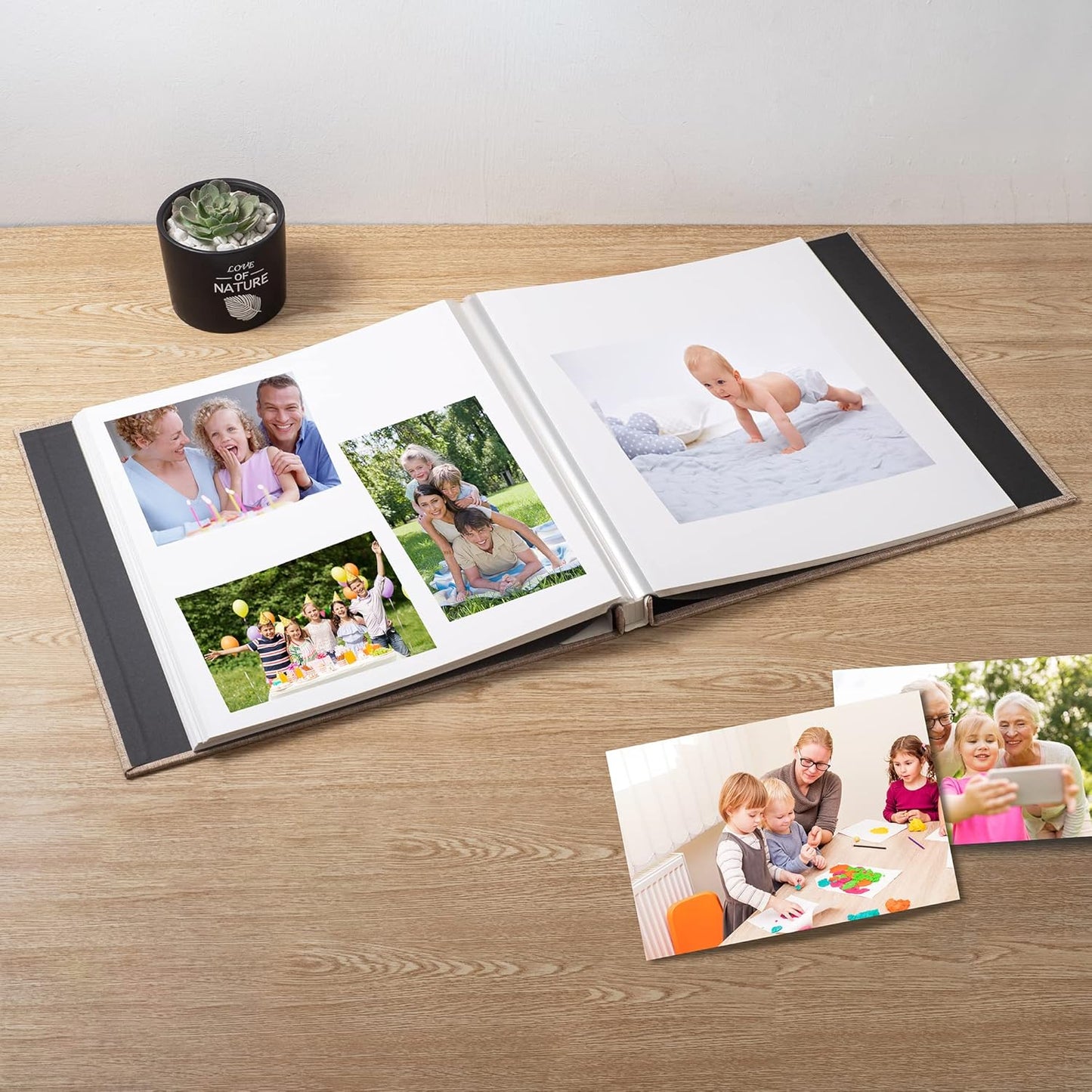 Large Photo Album Self Adhesive Scrapbook Album for 4×6 8×10 Pictures DIY Magnetic Linen Cover Album 60 Pages for Family Wedding Gifts with Metal Pen and Plastic Board