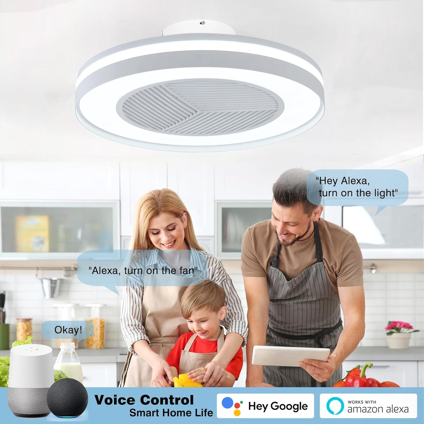 Smart Low Profle Ceiling Fans with RGB Lights Remote/APP/Voice Control, 20" Bladeless Ceiling Fans with 6 Speeds, Timer, Quiet DC Motor, Ceiling Fan with Light for Kids Bedroom/Living Room