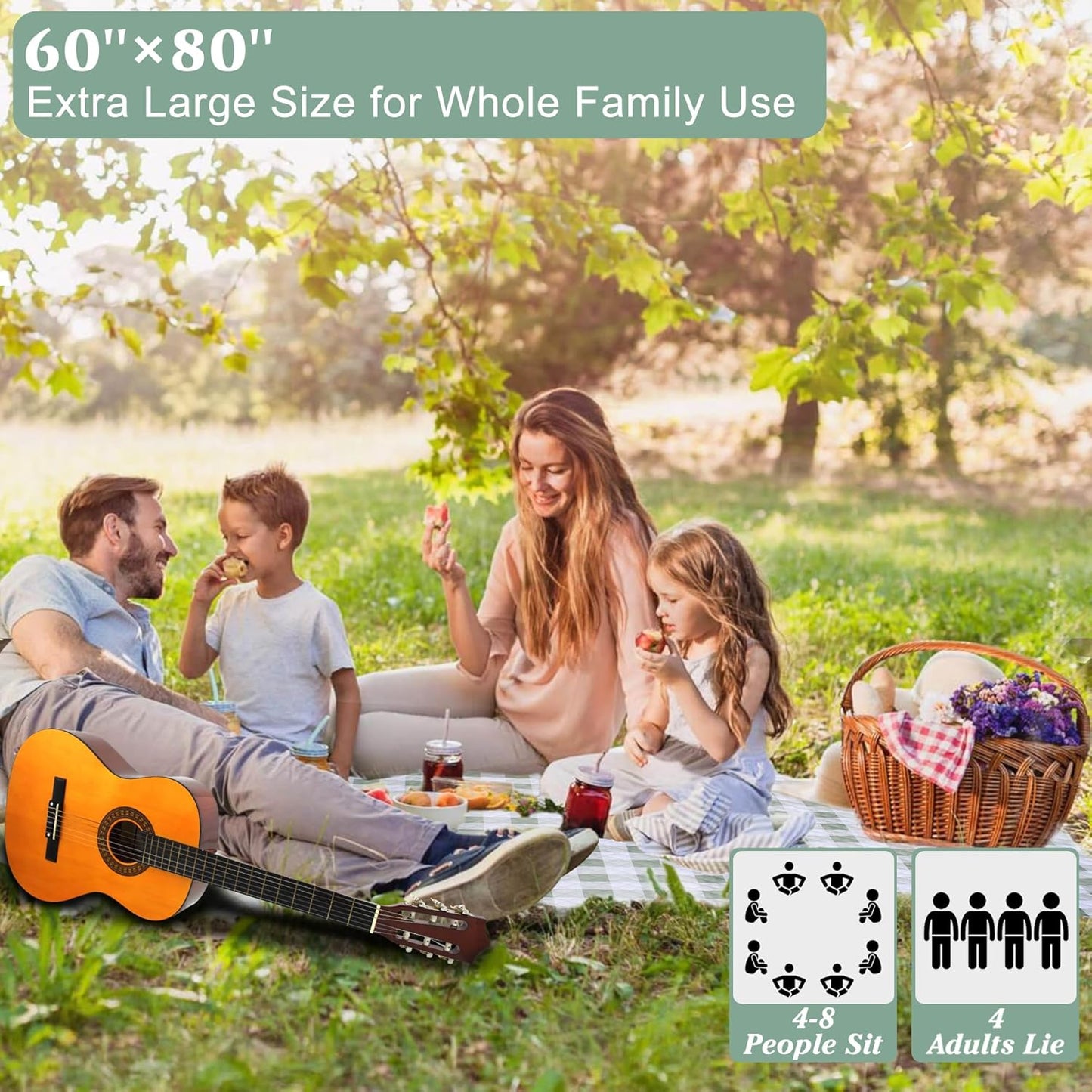HX&OD Outdoor Picnic Blanket, Extra Large, 80''x60'' Waterproof Foldable Blankets Gingham Picnic Mat for Beach, Camping Grass Lawn Park Accessories Cute Couple Ideas Wedding (Green, 80”x60”)
