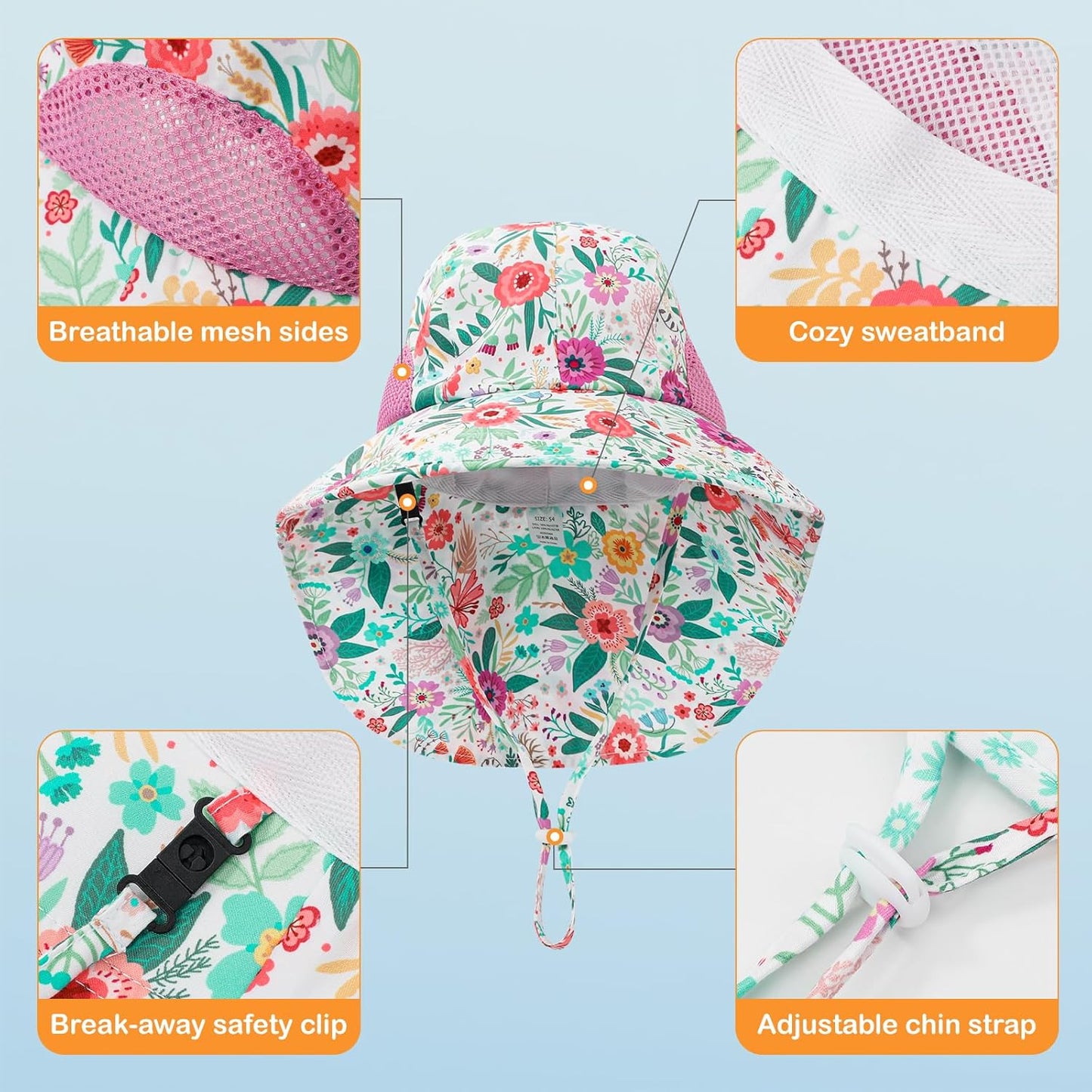 Baby Sun Hat UPF 50+ Mesh Liner Toddler Bucket Hats with Wide Brim Neck Flap for Outdoor Beach Swim