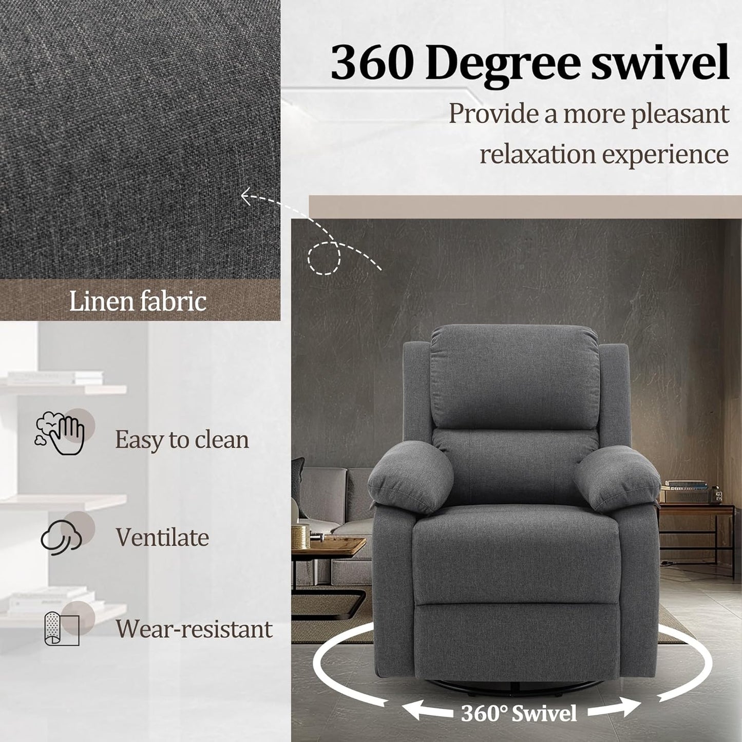 Recliner Chair, 360 Swivel Rocker Chair for Adults, Small Rocking Recliner for Small Spaces, Upholstered Fabric Glider Recliner Nursery Chair with Side Pockets for Living Room, Nursery