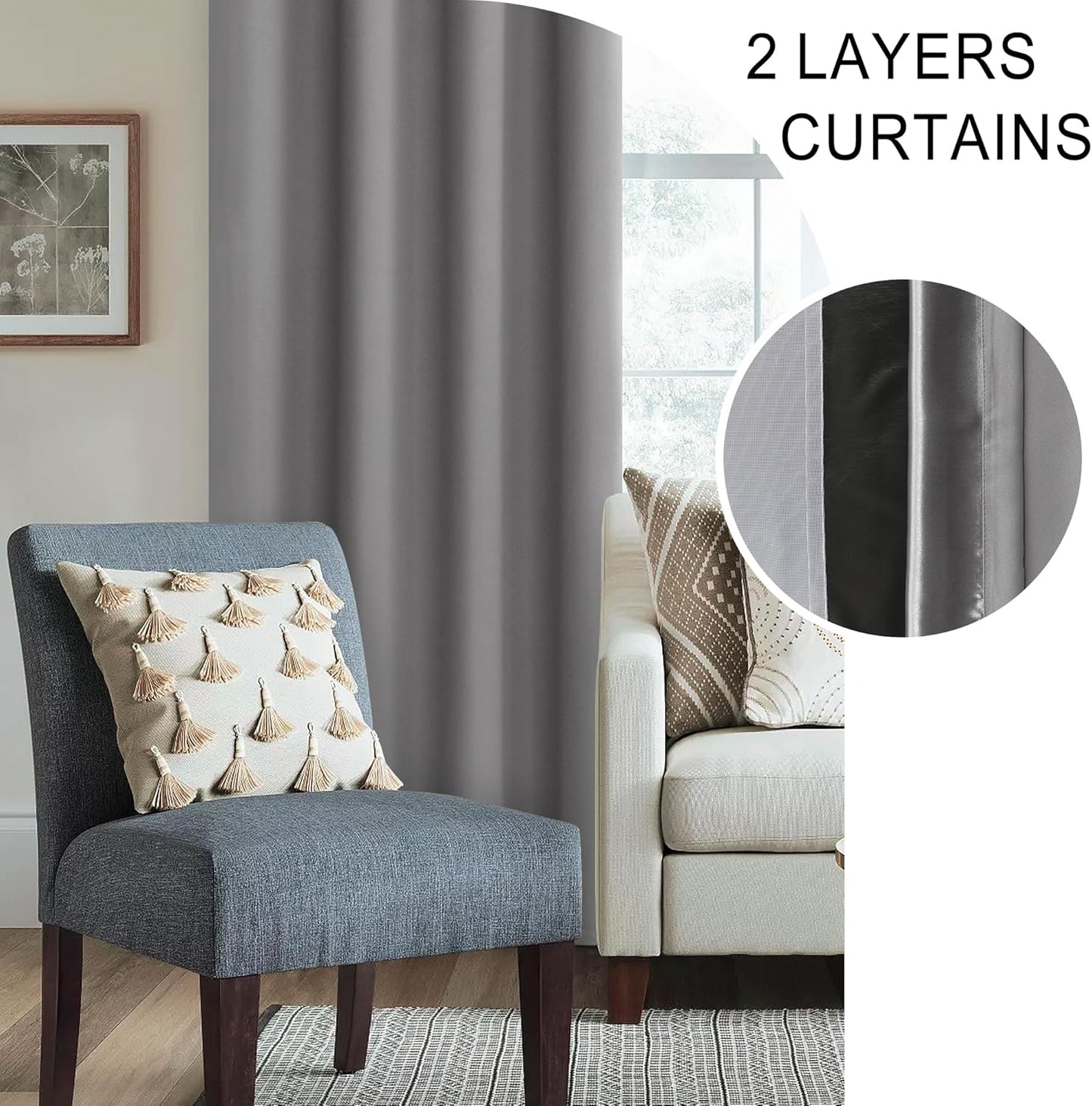 XWZO Total Blackout Curtains 54 Inches Long - Double Layer Full Room Darkening & Energy Efficiency Rod Pocket Window Panels with Tiebacks, Grey, W42 x L54, Set of 2