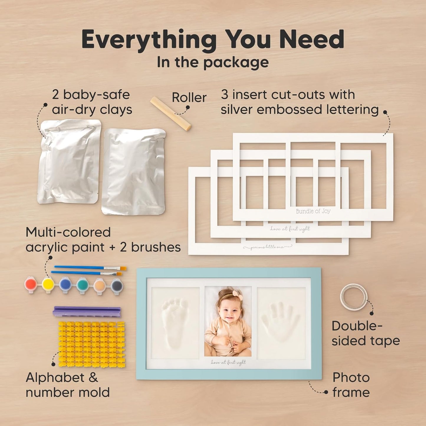 Baby Hand and Footprint Kit - Clay Handprint Keepsake Frame, Newborn Nursery Picture Frame, Personalized New Mom Gifts for Baby Shower & Registry (Sky Blue)
