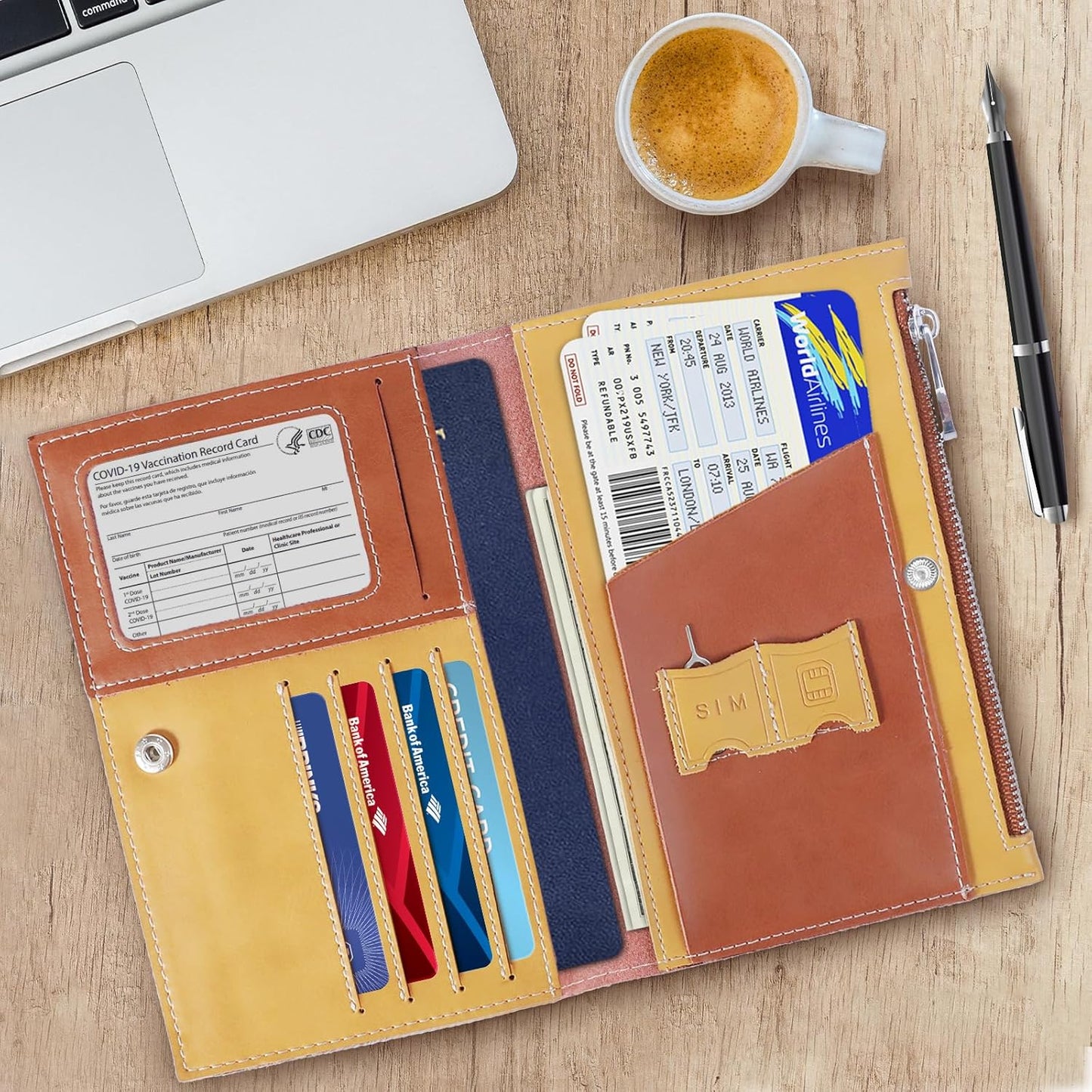 Real Leather Wallet Slim RFID Blocking Passport Holder Travel Document Organizer Blue (Brown)