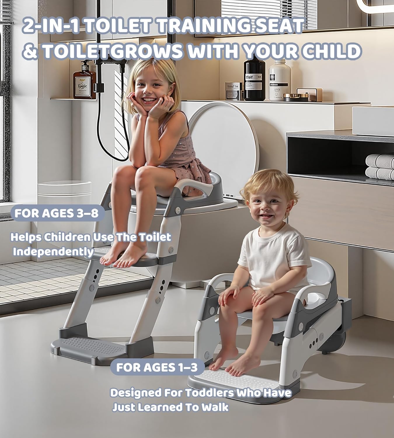 2-in-1 Toddler Potty Training Toilet Seat with Step Stool Ladder – Adjustable Height Potty Chair Urinal for Baby Boys Girls Age 1-3, Foldable Training Potty with Splash Guard & Anti-Slip Feet, Purple